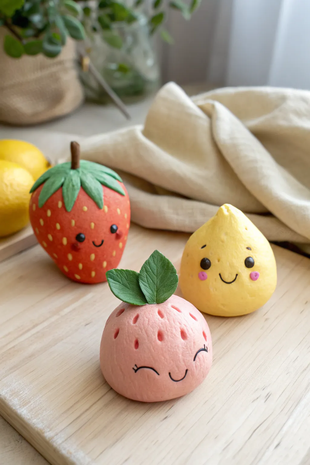 Sweet kawaii clay fruits with simple faces, a minimal handmade trio for cute shelf decor