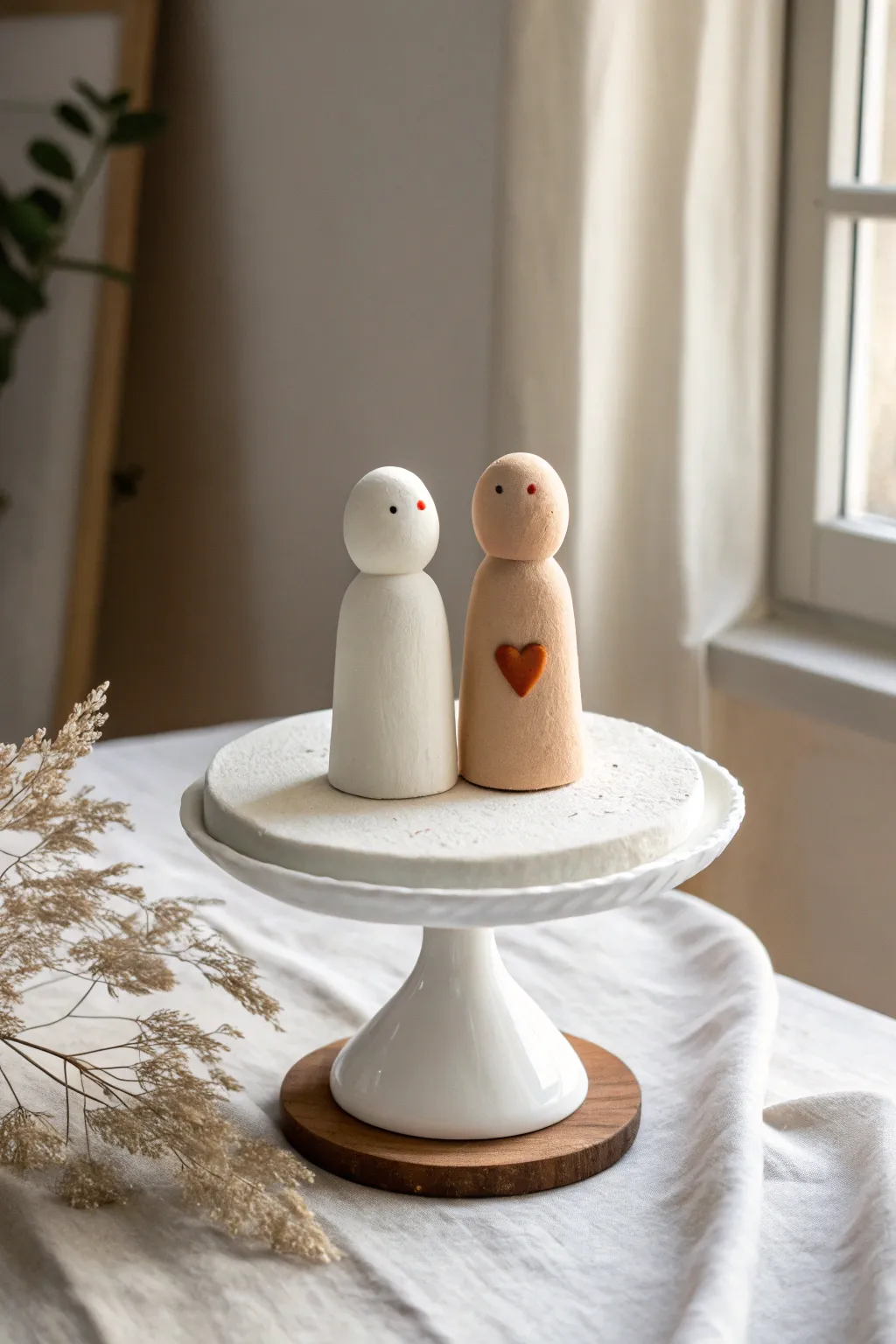 Sweetly simple clay couple topper with tiny heart, perfect for weddings and anniversaries.