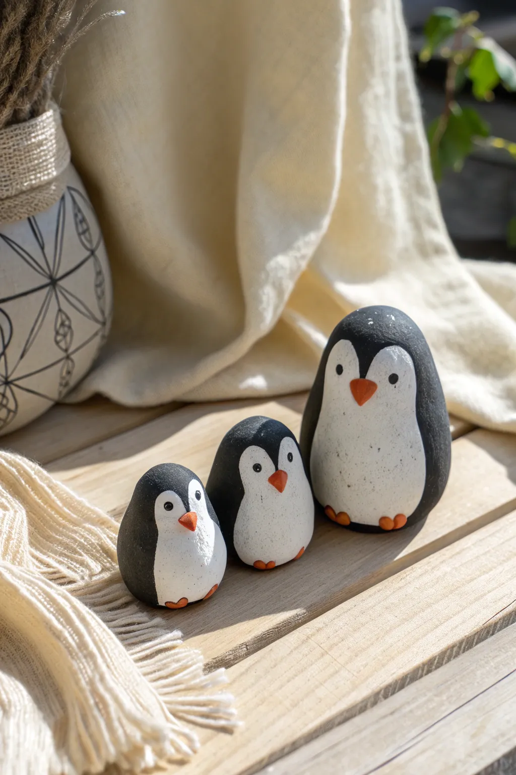 Mini penguin family in magic clay, simple shapes and cozy Scandinavian-boho styling.