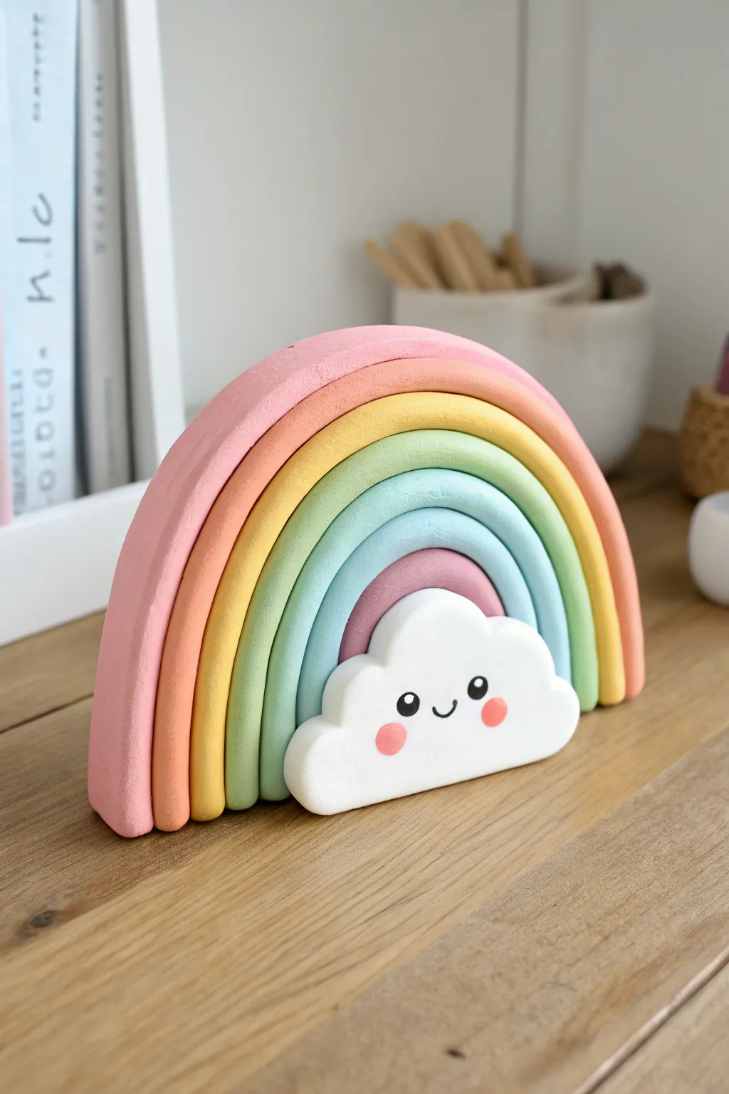 Create a Rainbow Cloud Pal in magic clay, a cute pastel pop for kids craft time.