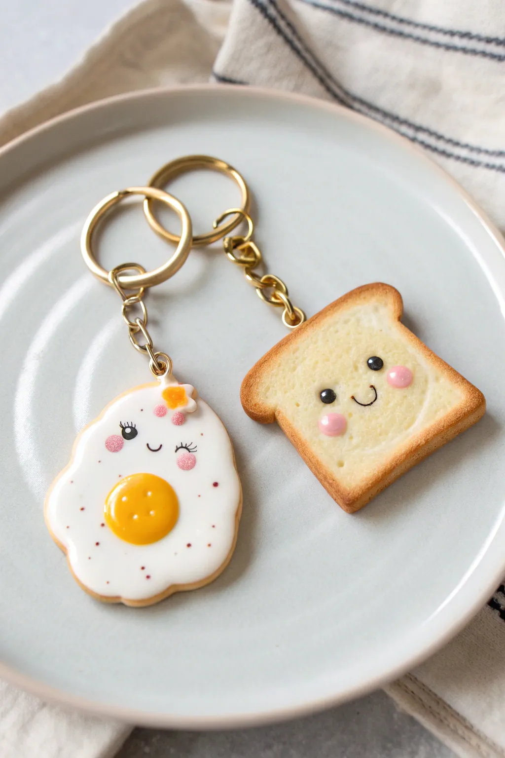A sweet egg and toast charm duo in warm tones, minimalist kawaii faces and cozy boho vibes