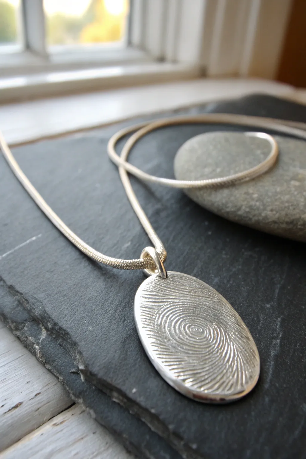 Minimalist metal clay pendant with a clear fingerprint impression, a timeless keepsake necklace.