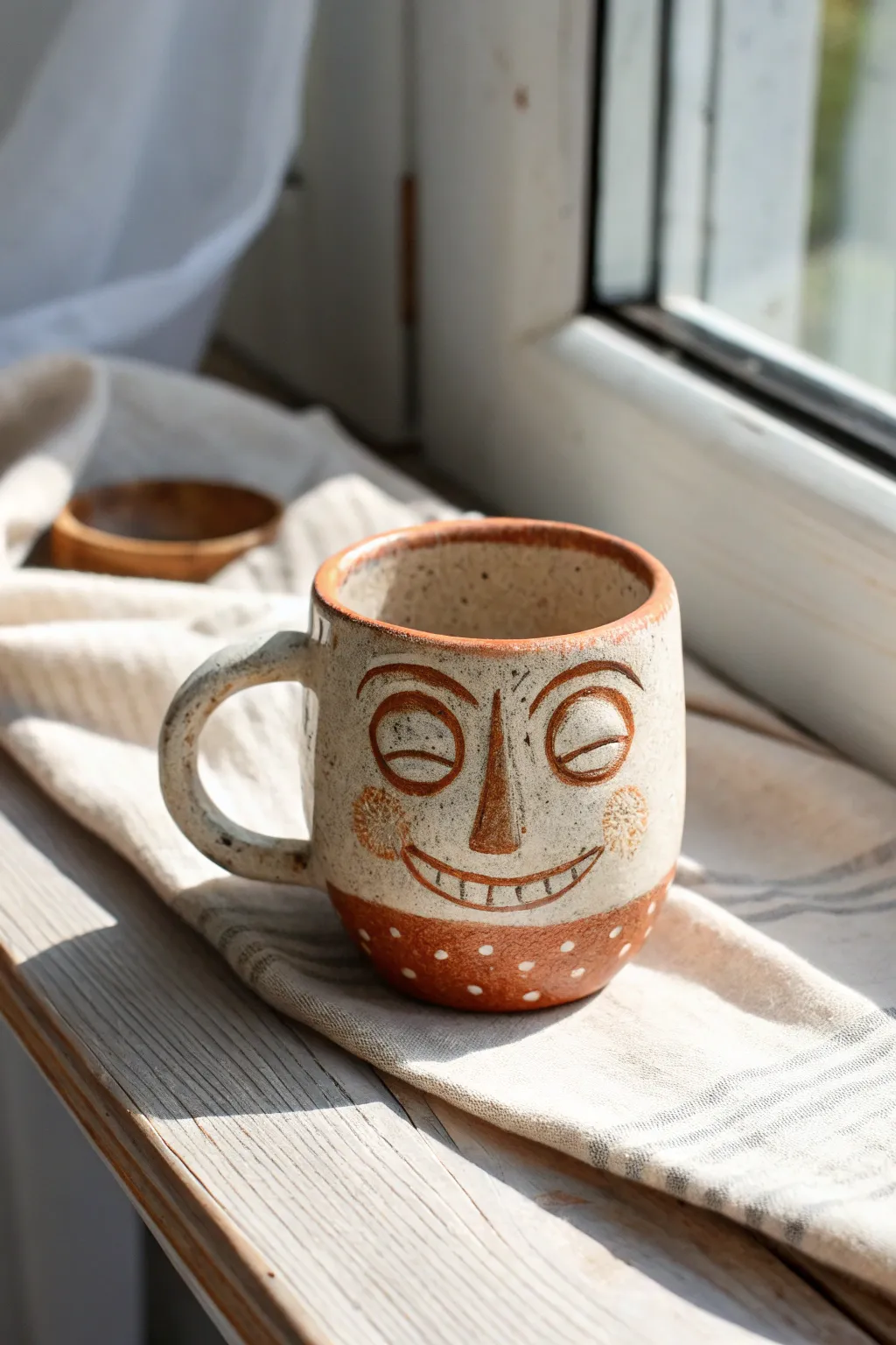 A playful face cup with bold brows and goofy teeth, finished in simple two-tone glaze.