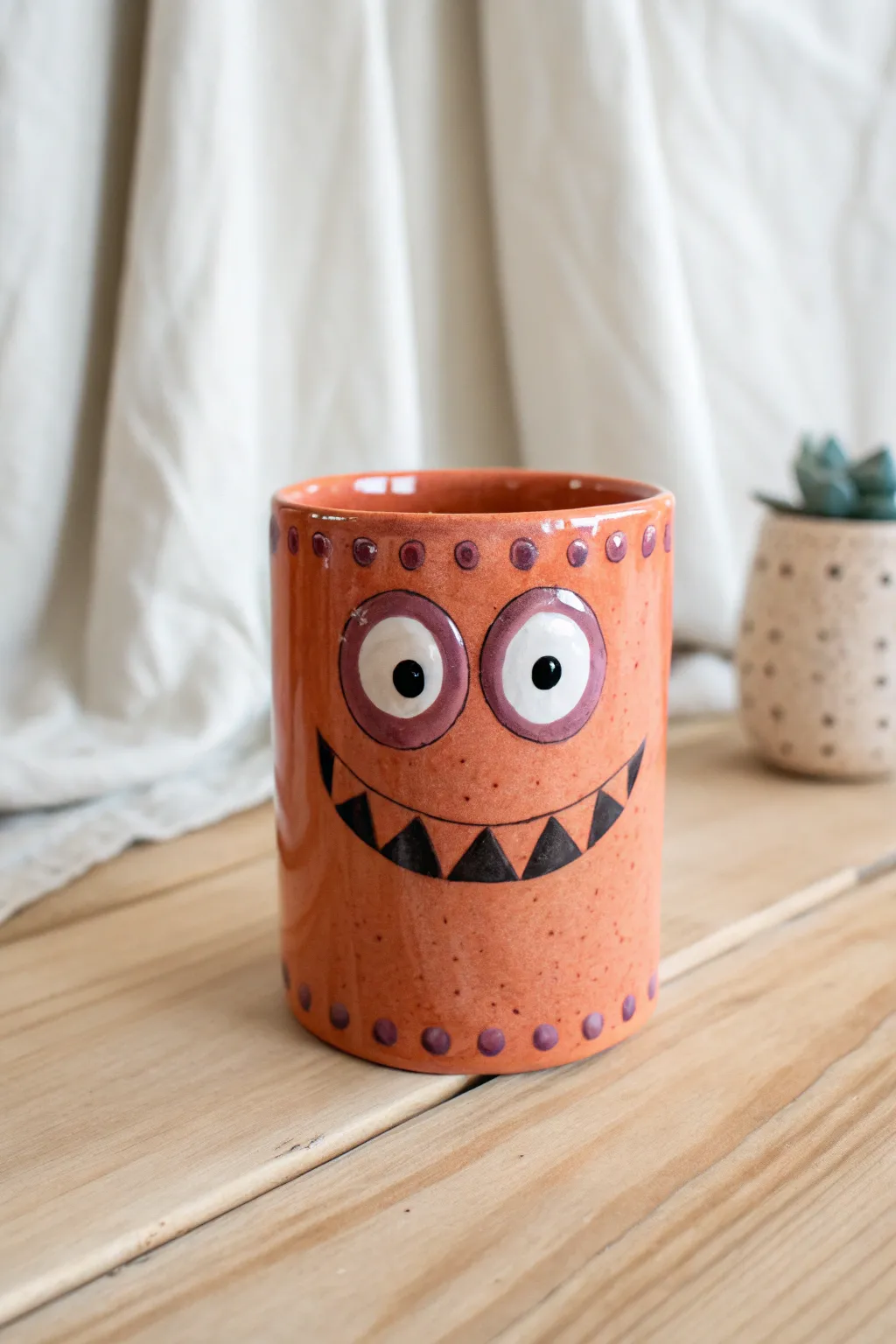 Goofy monster mug with bulging 3D eyes and tiny rim teeth, bright glaze and bold contrast.