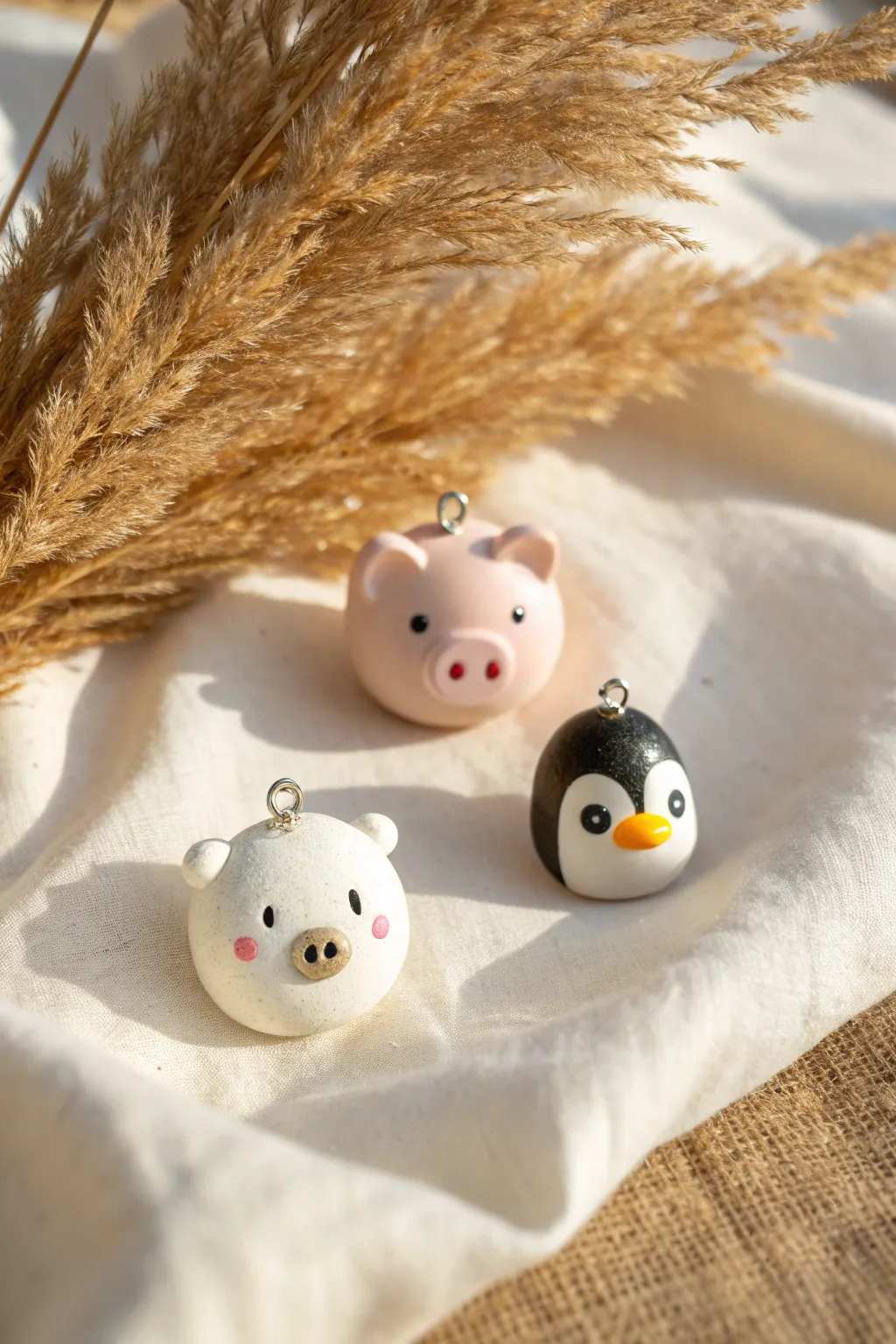 Mini air dry clay animal charms trio in soft neutrals, perfect quick craft for one sitting.