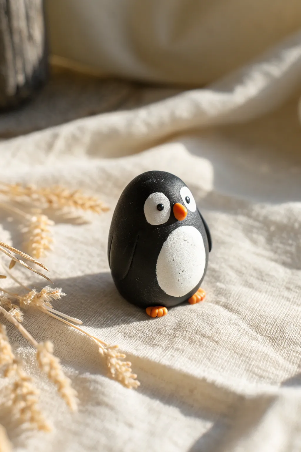 Mini penguin with a round belly in smooth matte clay, perfect for cozy Scandinavian decor.