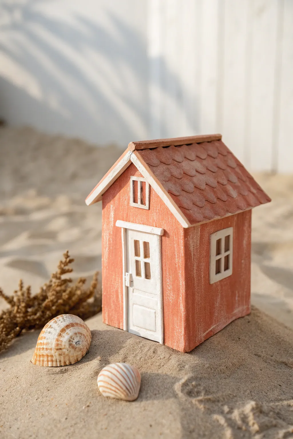Bright mini clay beach hut on sand with shells, crisp white details and calm coastal vibes