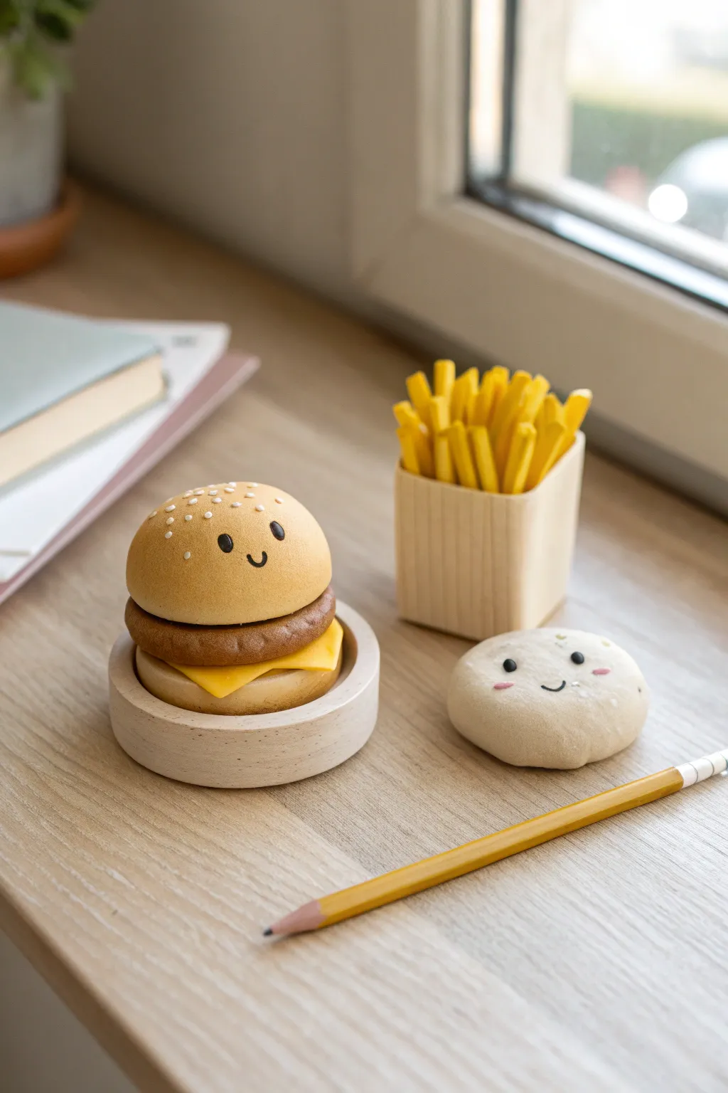 Tiny clay hamburger and fries with sweet faces, styled beside a pencil for an adorable desk buddy.