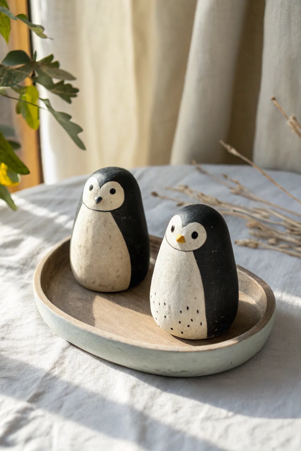 Tiny clay penguin blob duo on a neutral tray, simple and adorable mini pottery idea.
