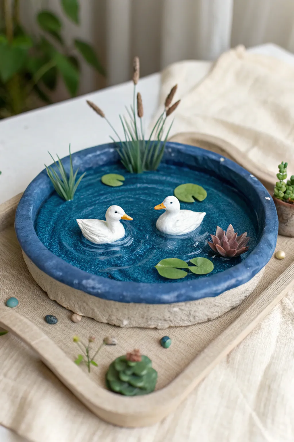 Whimsical mini clay duck pond diorama with lily pads and soothing blue glaze, Pinterest-ready.