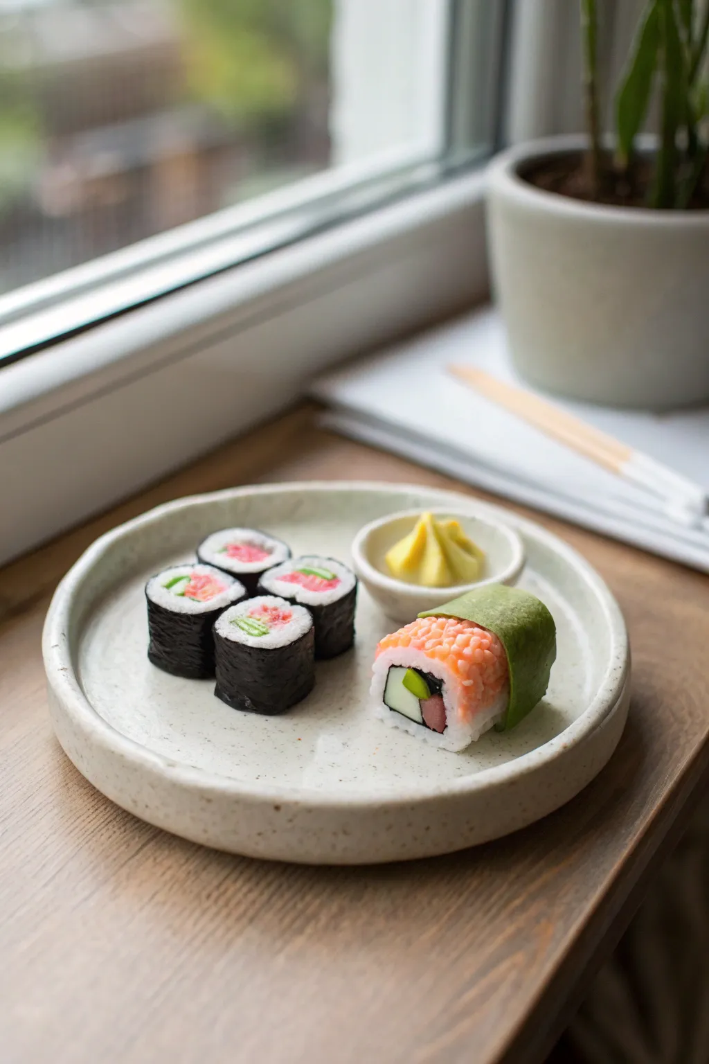 Mini clay sushi plate: two rolls and a cute nigiri, simple color blocks, Scandinavian calm.