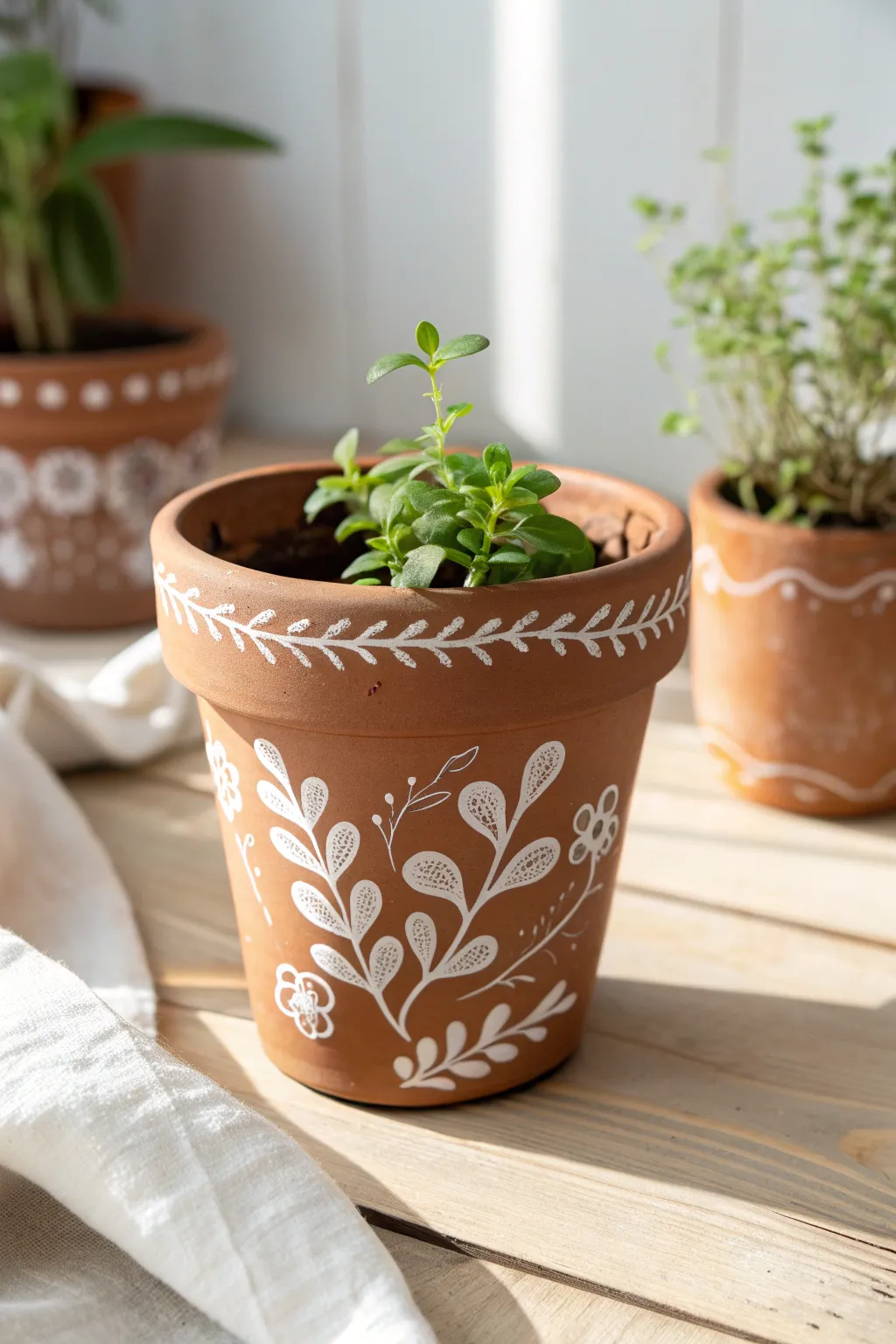 Mini terracotta pot with crisp stenciled florals and leaves for an easy, chic decor update