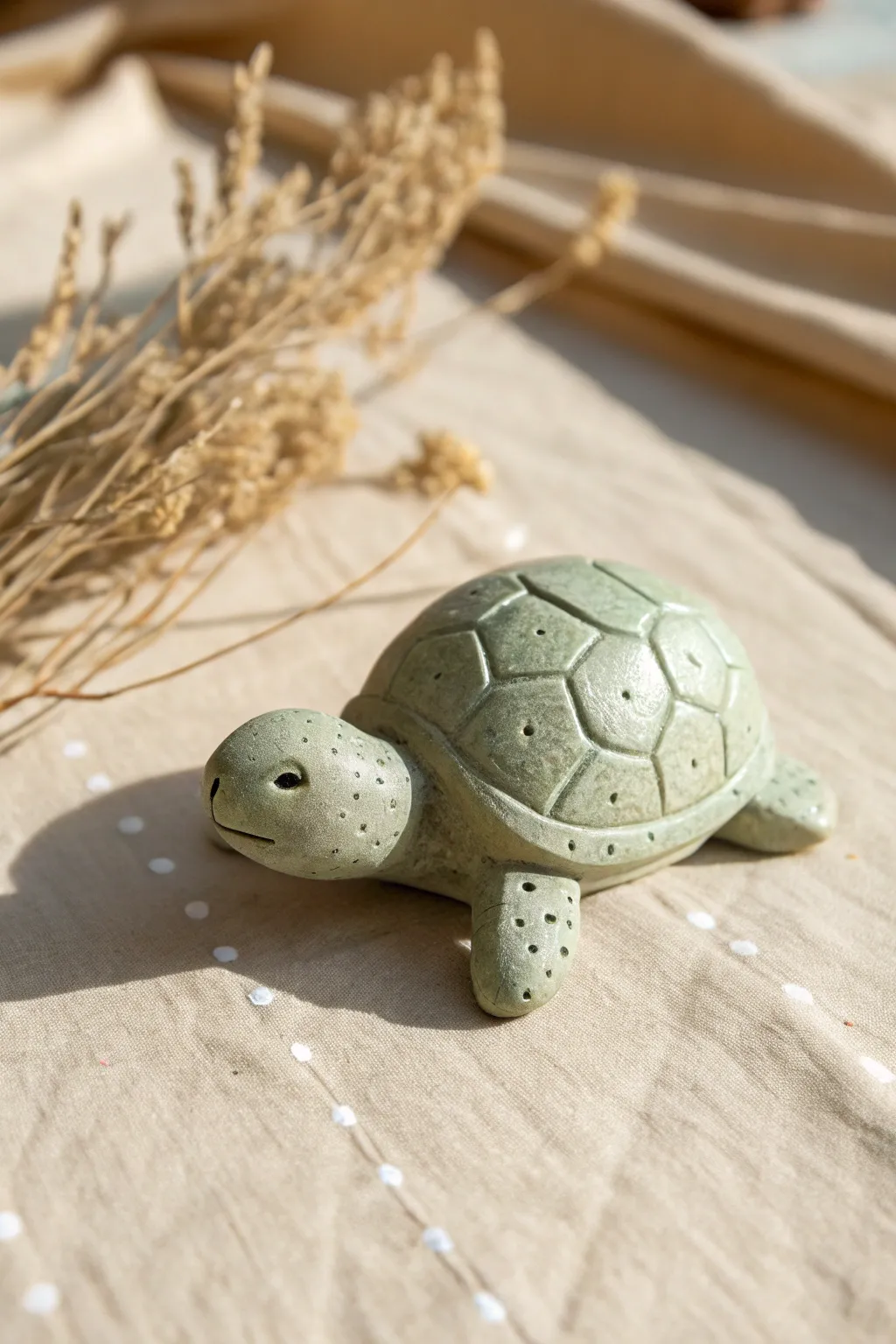 Thumb-sized mini clay turtle with a softly textured shell, styled in calm minimalist tones