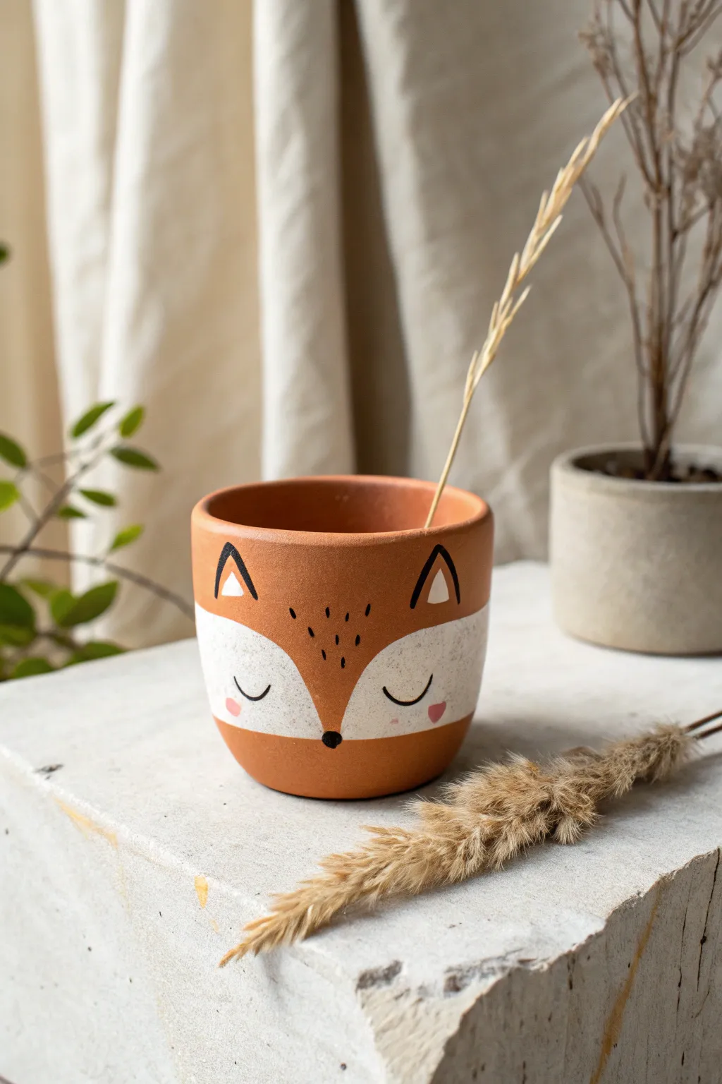 Adorable fox-face mini terracotta pot with minimalist boho styling and crisp, cozy contrast.