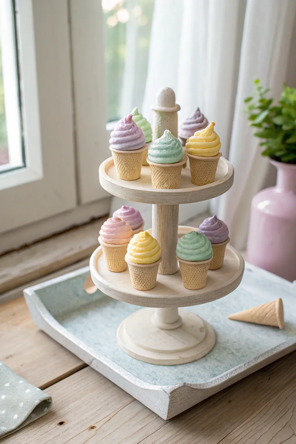 Mini air dry clay ice cream cones and pops in pastel swirls, sweet minimalist display.