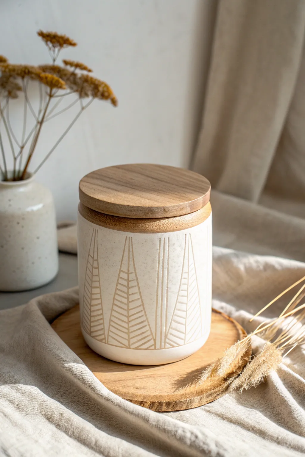 Minimal ceramic canister with a smooth wooden lid for an easy mixed media, modern look