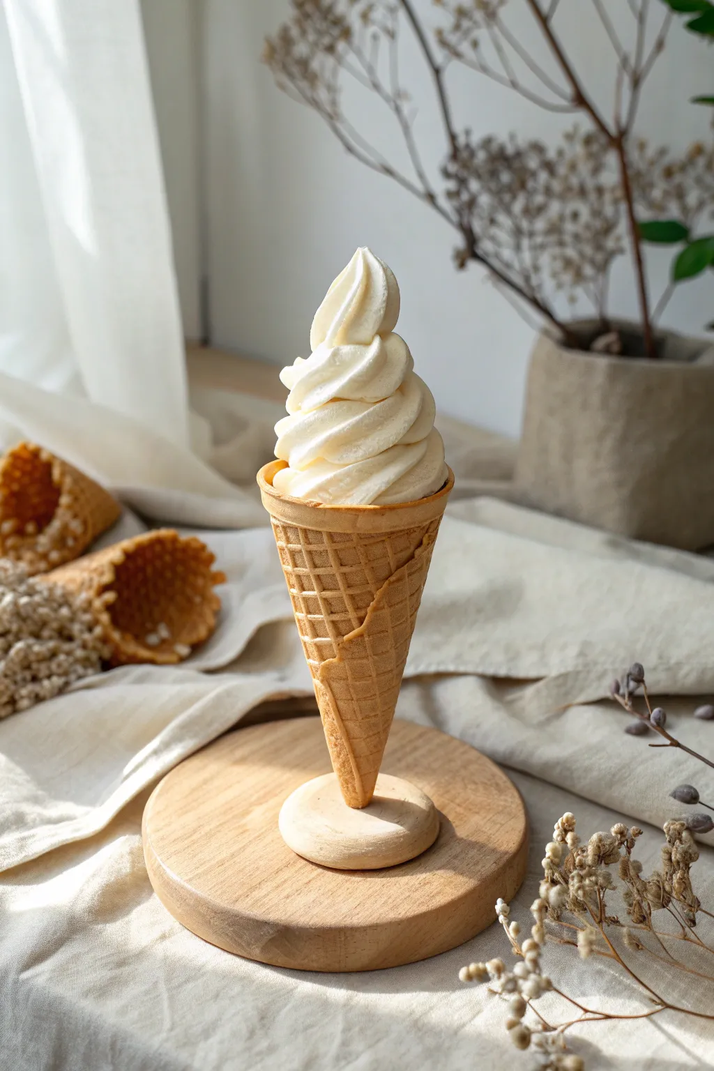 A simple model magic soft-serve cone with a crisp waffle imprint, styled in minimalist boho tones.