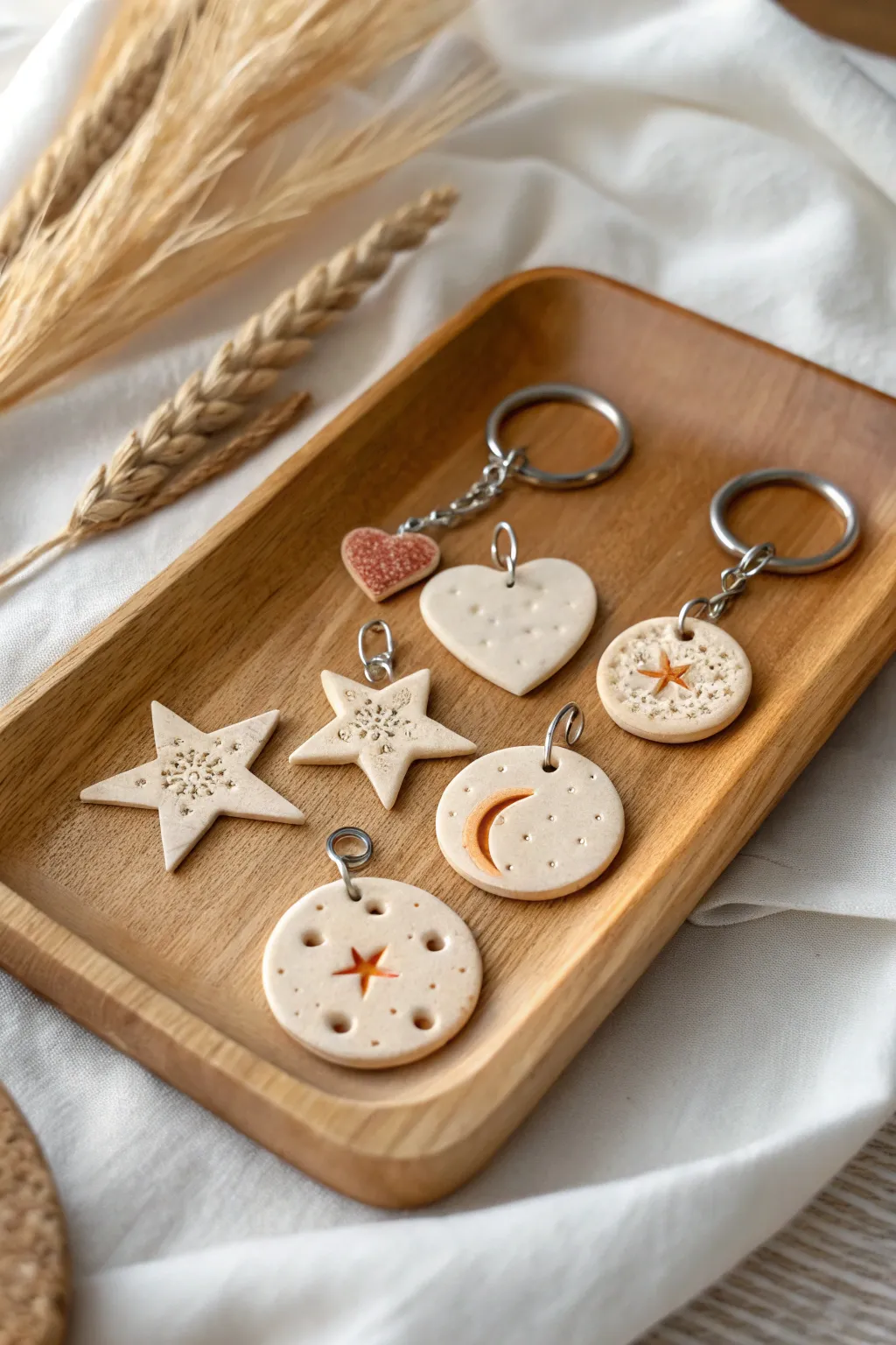 Minimal clay charms in soft neutrals, neatly arranged with stamped texture and clean contrast