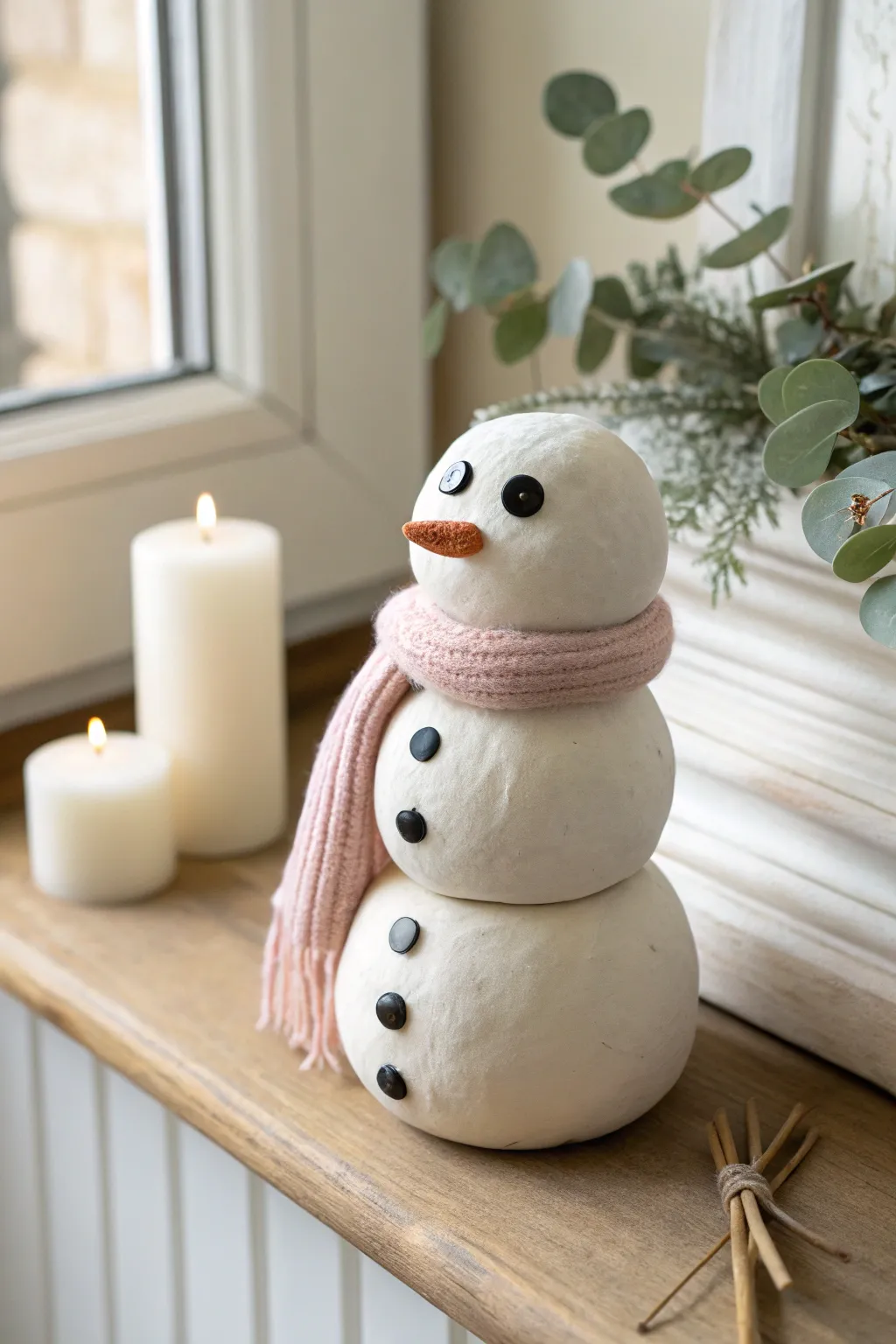 A chubby clay snowman with a simple scarf brings cozy minimalist Christmas charm to any shelf.