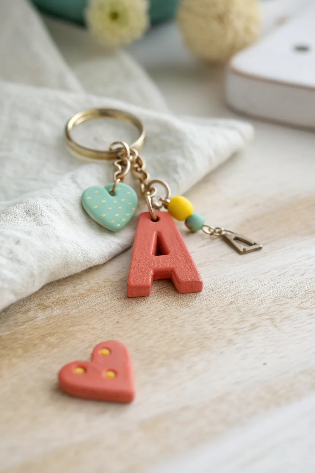 Handmade clay keychain with chunky initial charm, tiny hearts, and bright accents on neutral stone.