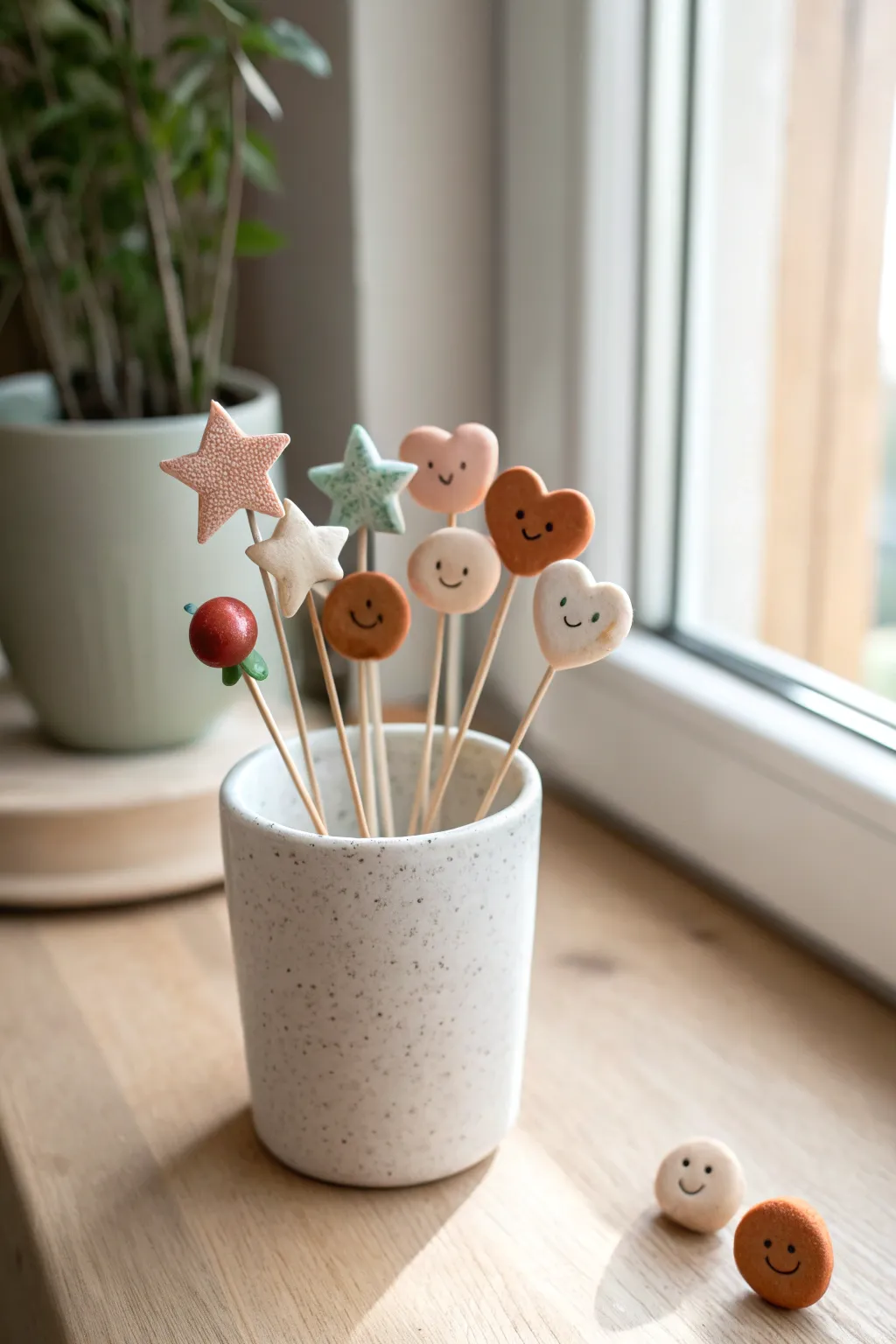 Sweet clay dessert toppers in a minimalist cup, perfect for gifting and party tables