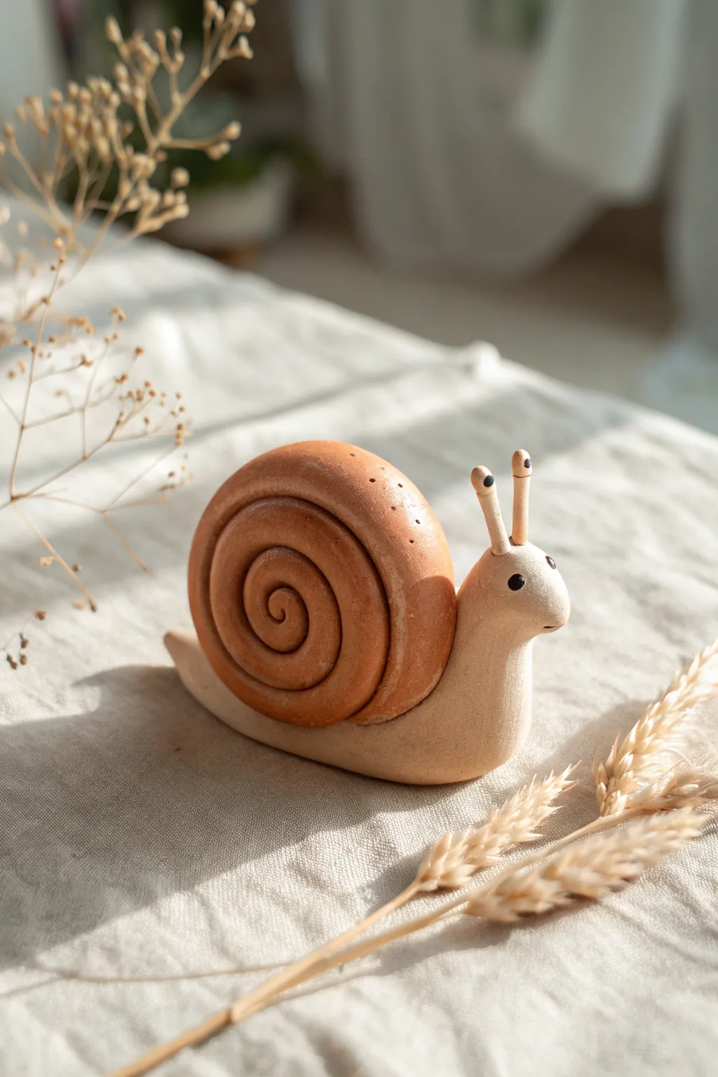 Simple clay snail with a clean spiral shell, perfect for easy step by step coil practice