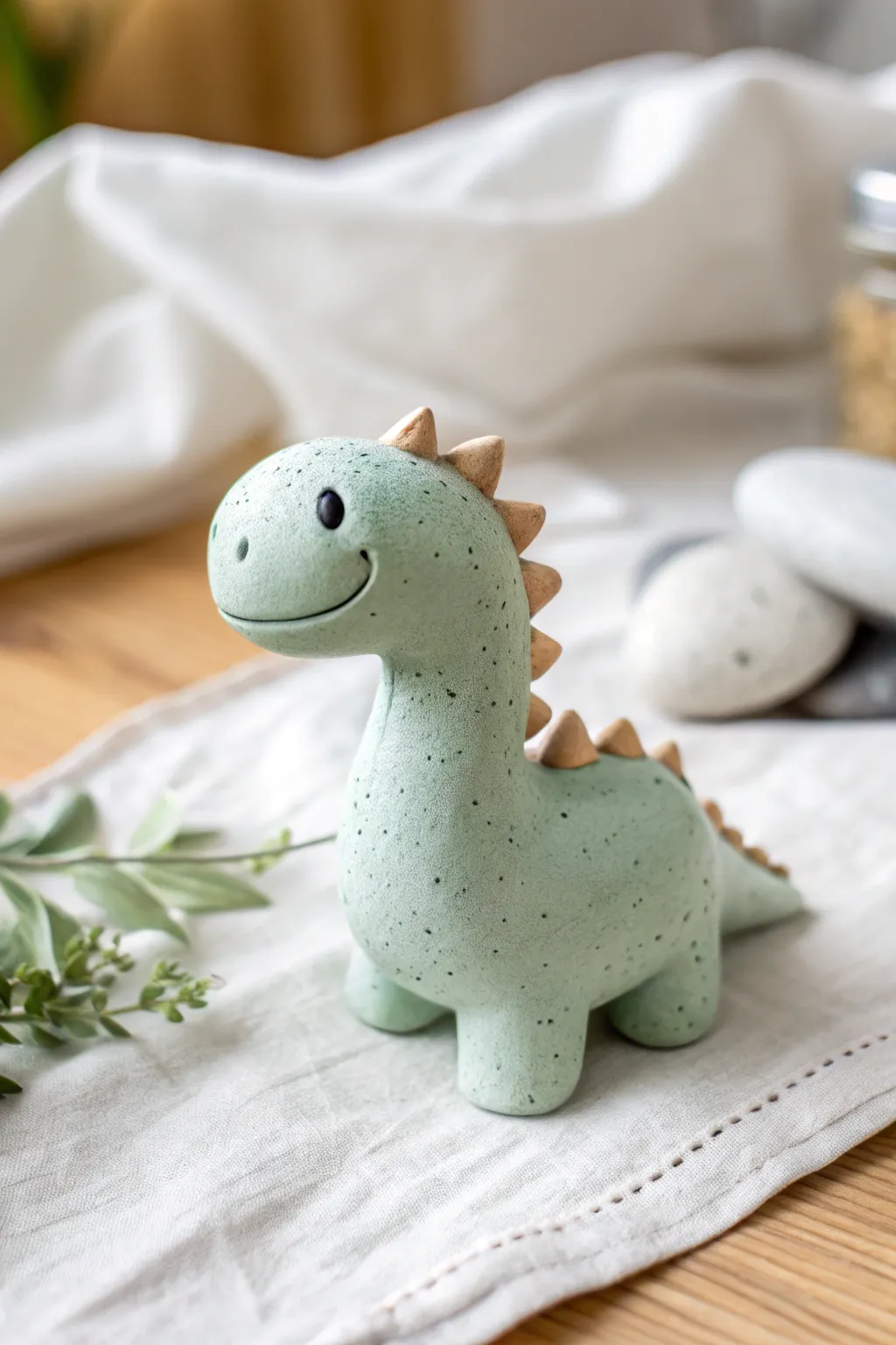 Tiny clay dinosaur pal in soft sage green, minimalist and boho, easy to sculpt and sweet to display