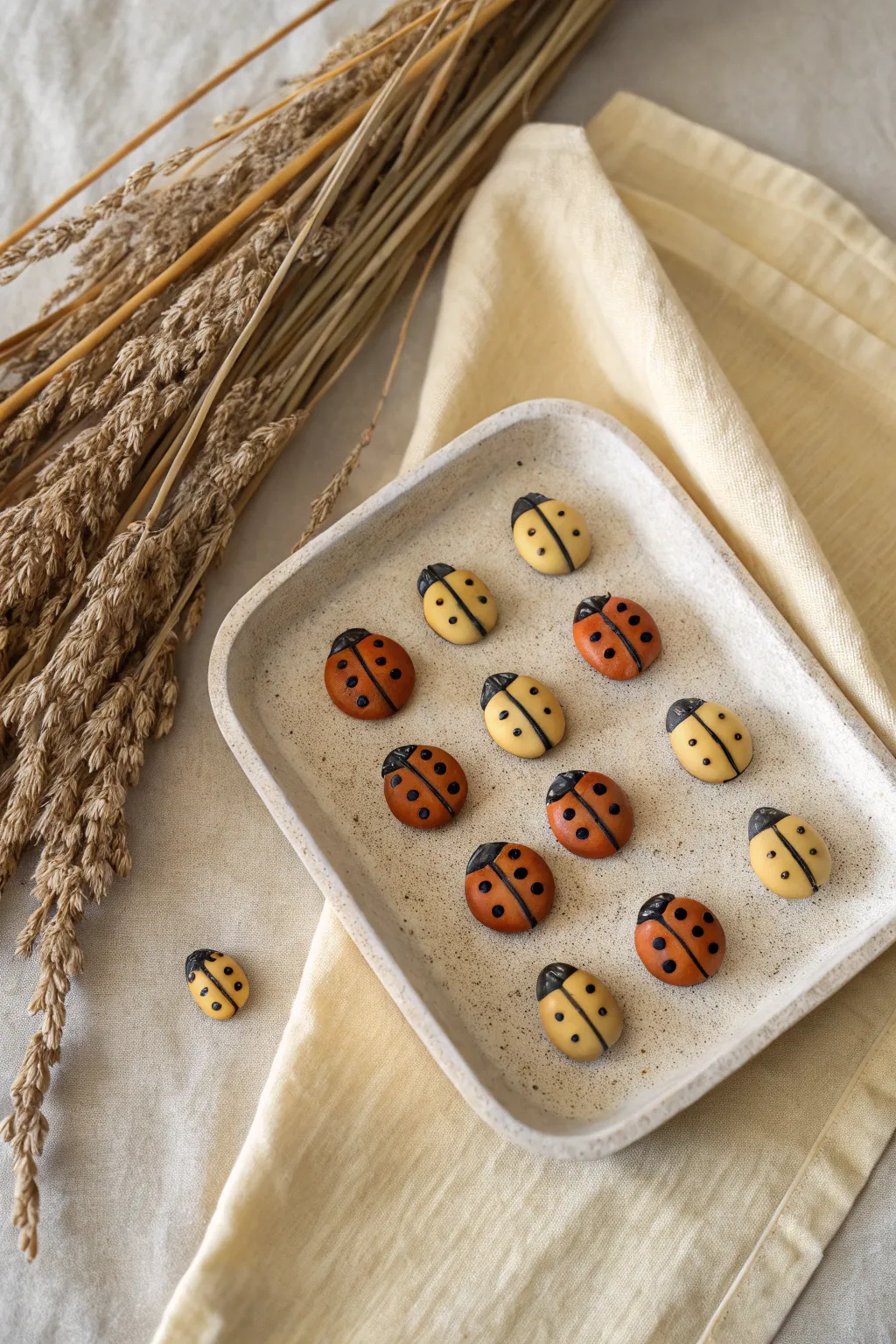 Tiny bee and ladybug clay minis in a neat grid, sweet Scandinavian minimal boho vibe.