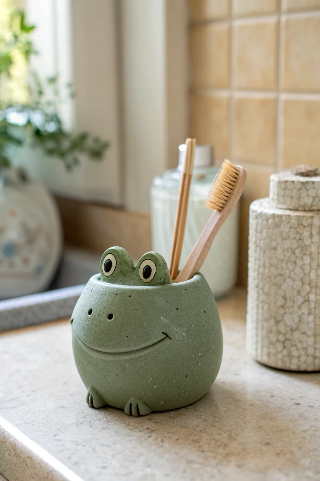 DIY frog toothbrush holder cup in soft sage clay, a cute minimalist bathroom accent