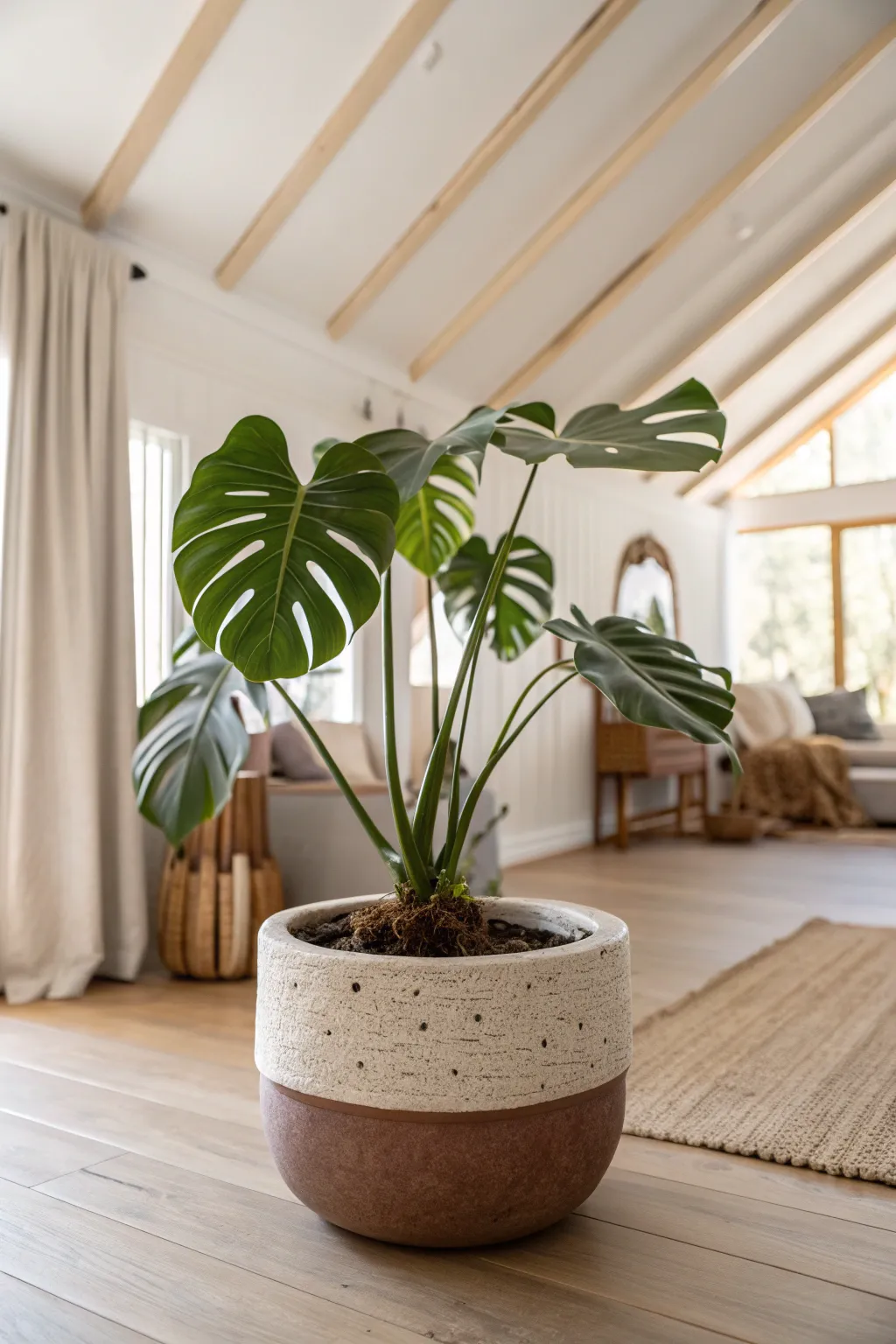 Low, wide ceramic planter grounds a big Monstera and balances its spread in airy rooms.
