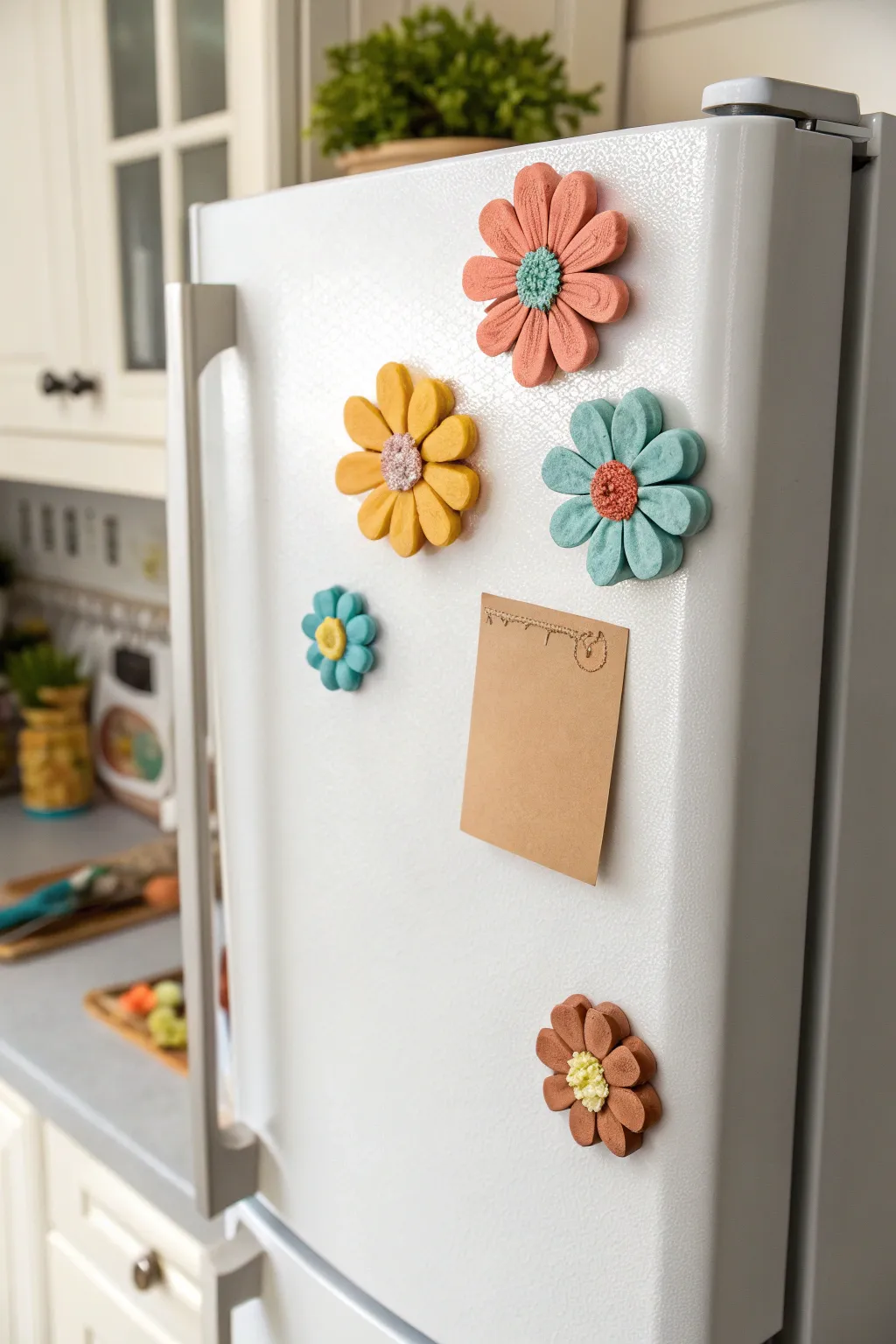 Cheerful clay flower fridge magnets, a sweet Mother’s Day gift with minimalist Nordic charm.