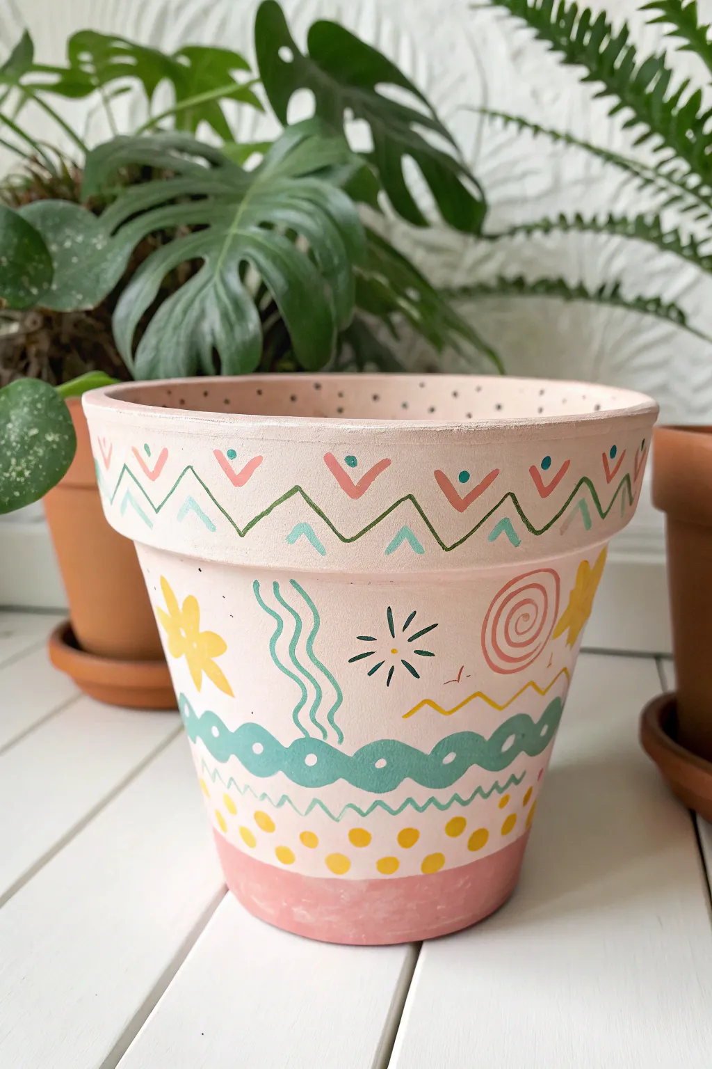 Playful scribble swirl terracotta pot, a sweet kid made Mothers Day keepsake with modern boho charm.