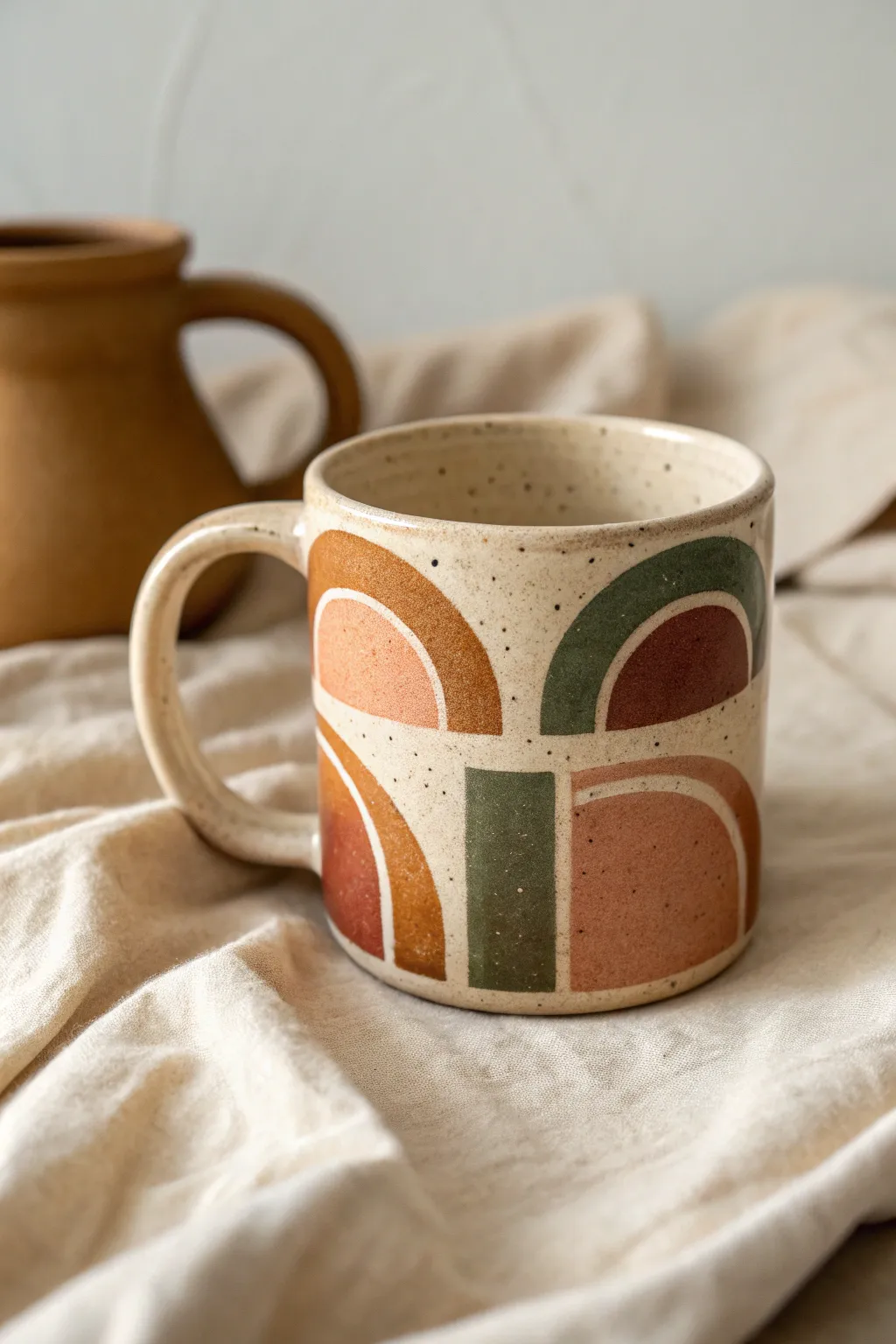Modern color-block mug art in warm earthy tones, minimalist and boho, simple shapes with crisp edges