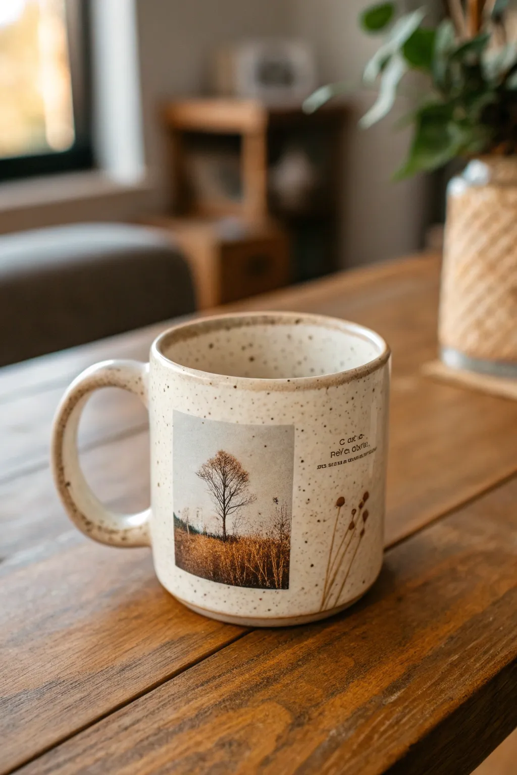 Cozy morning mug with a photo panel and delicate quote space, perfect for minimalist pottery lovers