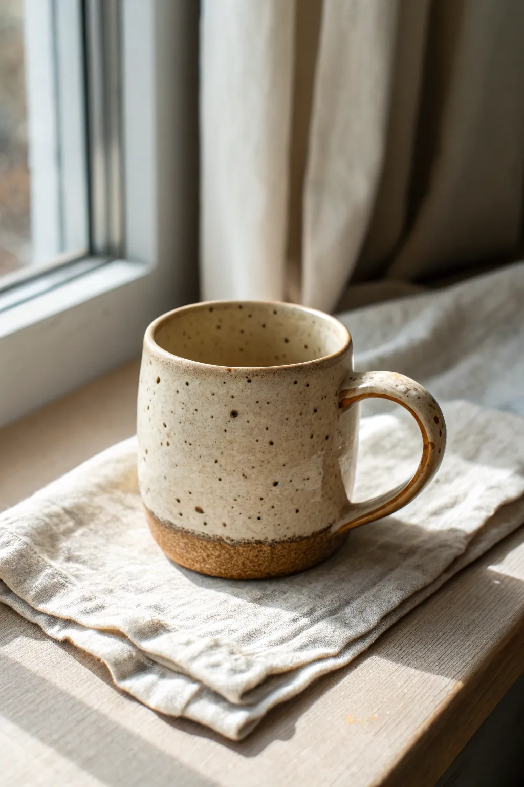 Creamy speckled freckle glaze on a simple handmade mug for a cozy minimalist vibe