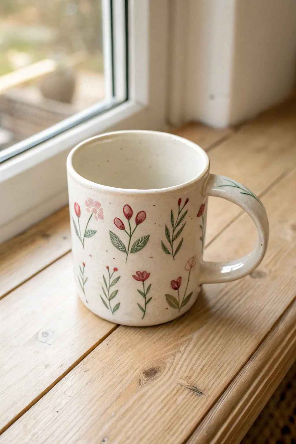 Tiny bud-and-leaf border under the rim turns a simple mug into a soft floral favorite.