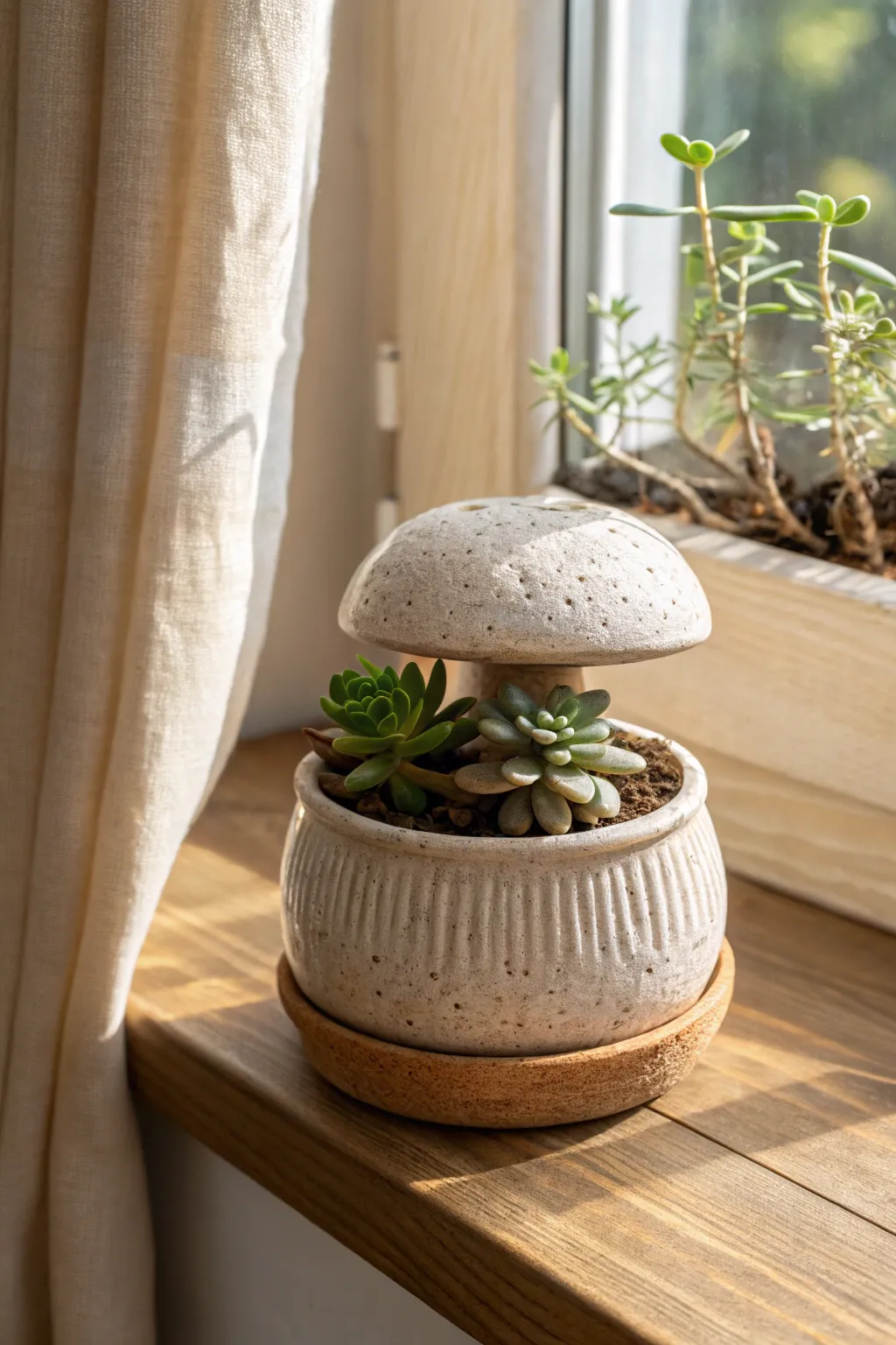 Minimal mushroom planter with a tiny succulent, sunlit windowsill, calm Scandi boho vibe.