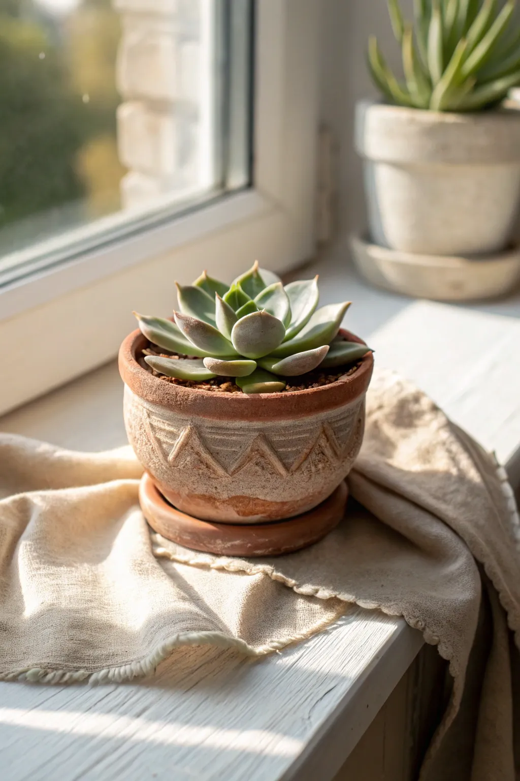 Mini clay succulent pot in warm sunlight, simple shapes and matte earth tones for calm decor
