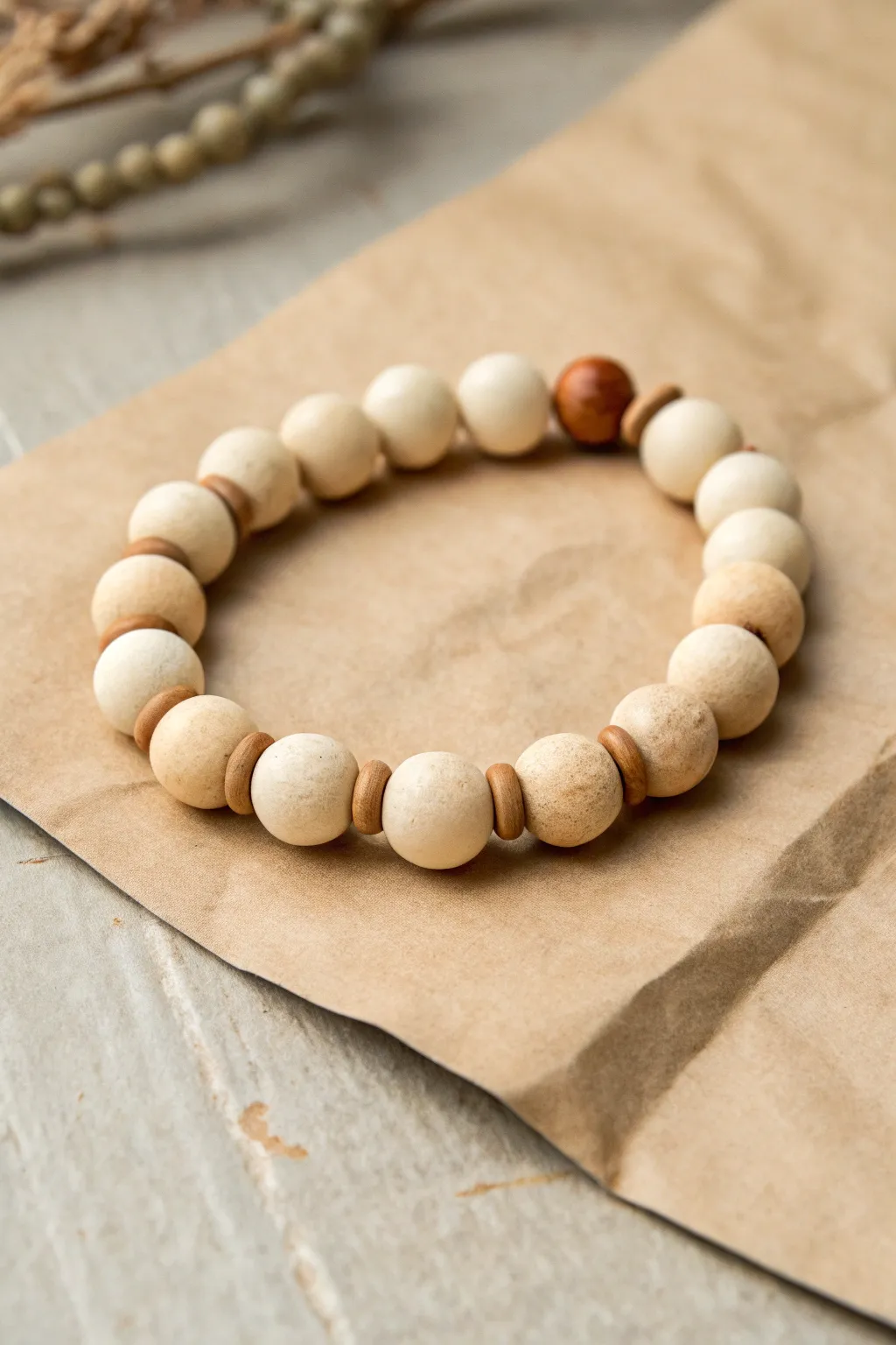 Cream and camel color-block clay bead bracelet with a simple center spacer on warm kraft paper.