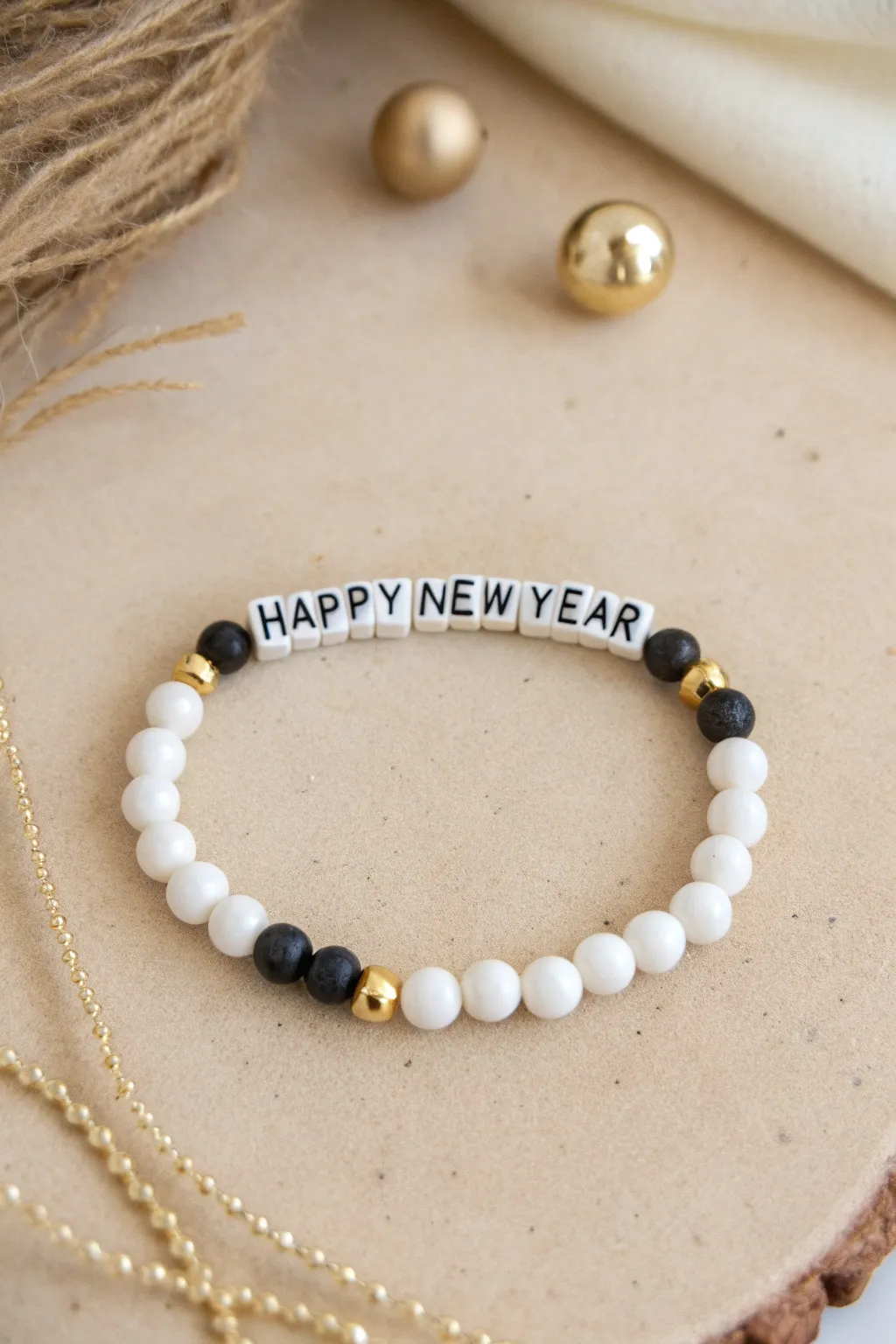 Minimal Happy New Year clay bead bracelet idea with matte beads and gold spacers, perfect for DIY gifting