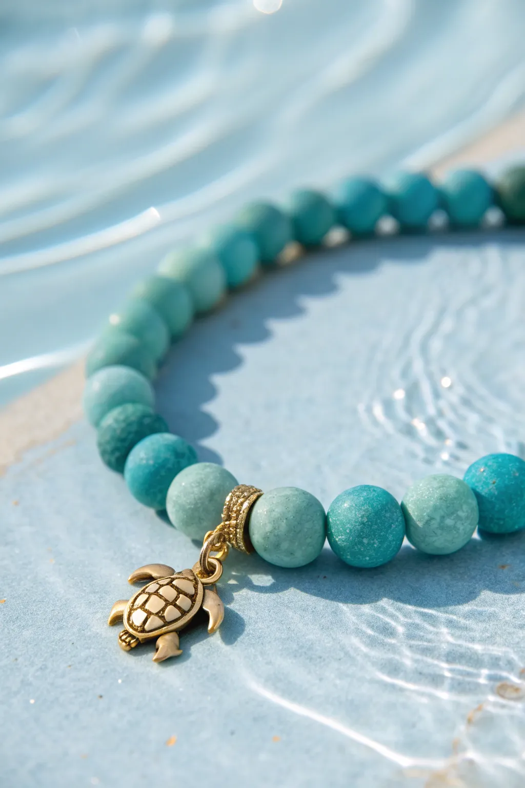 Teal ombré clay bead bracelet with a tiny sea turtle charm for an easy ocean vibe.