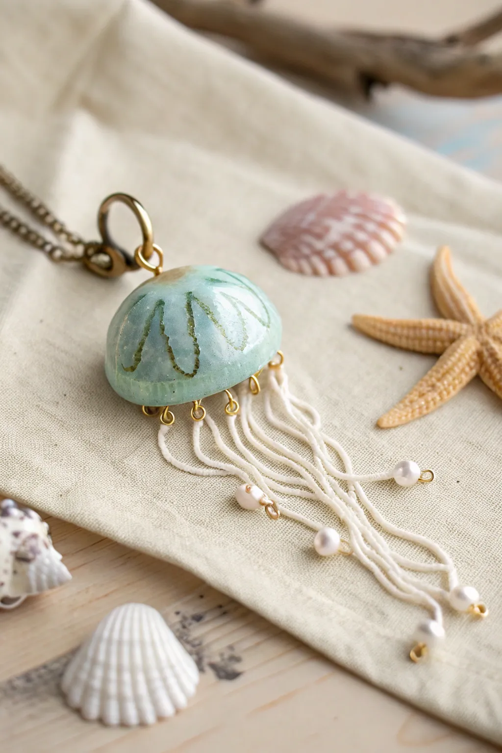 Glossy clay jellyfish pendant with delicate tentacles, minimalist ocean charm for your next DIY.