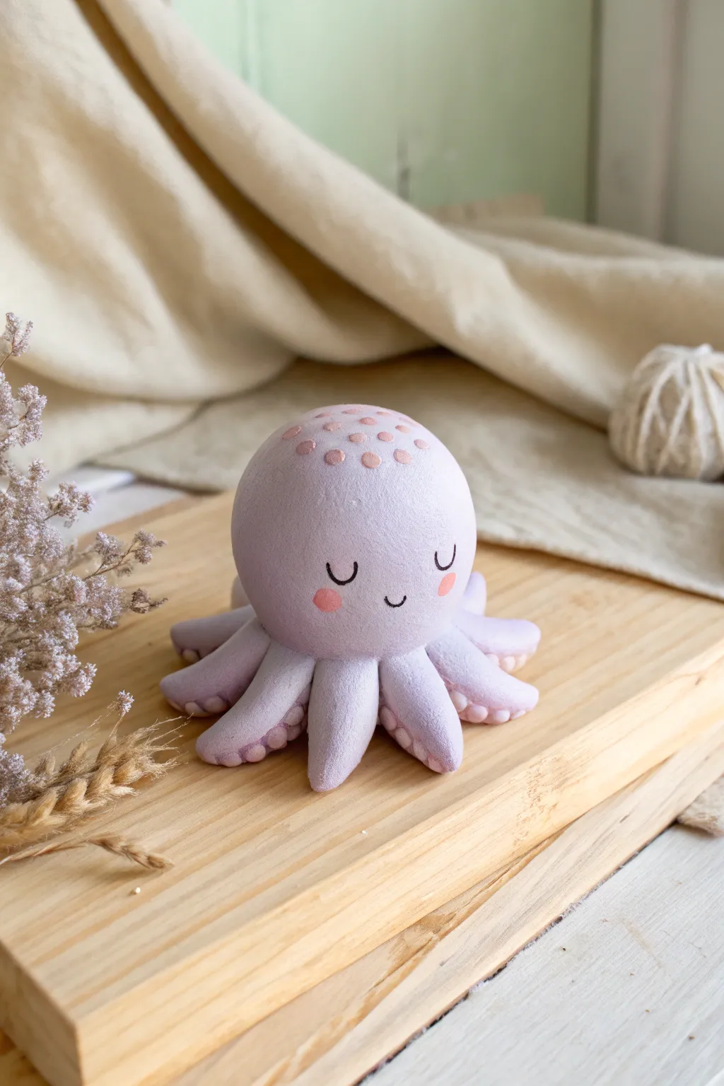 Pastel clay octopus with rosy blush cheeks, minimalist styling, and sweet handmade charm