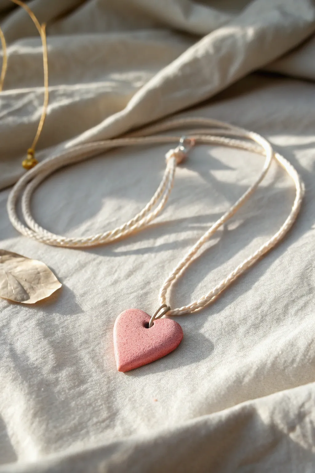 Simple one-color heart charm necklace in blush clay on linen for clean minimalist style