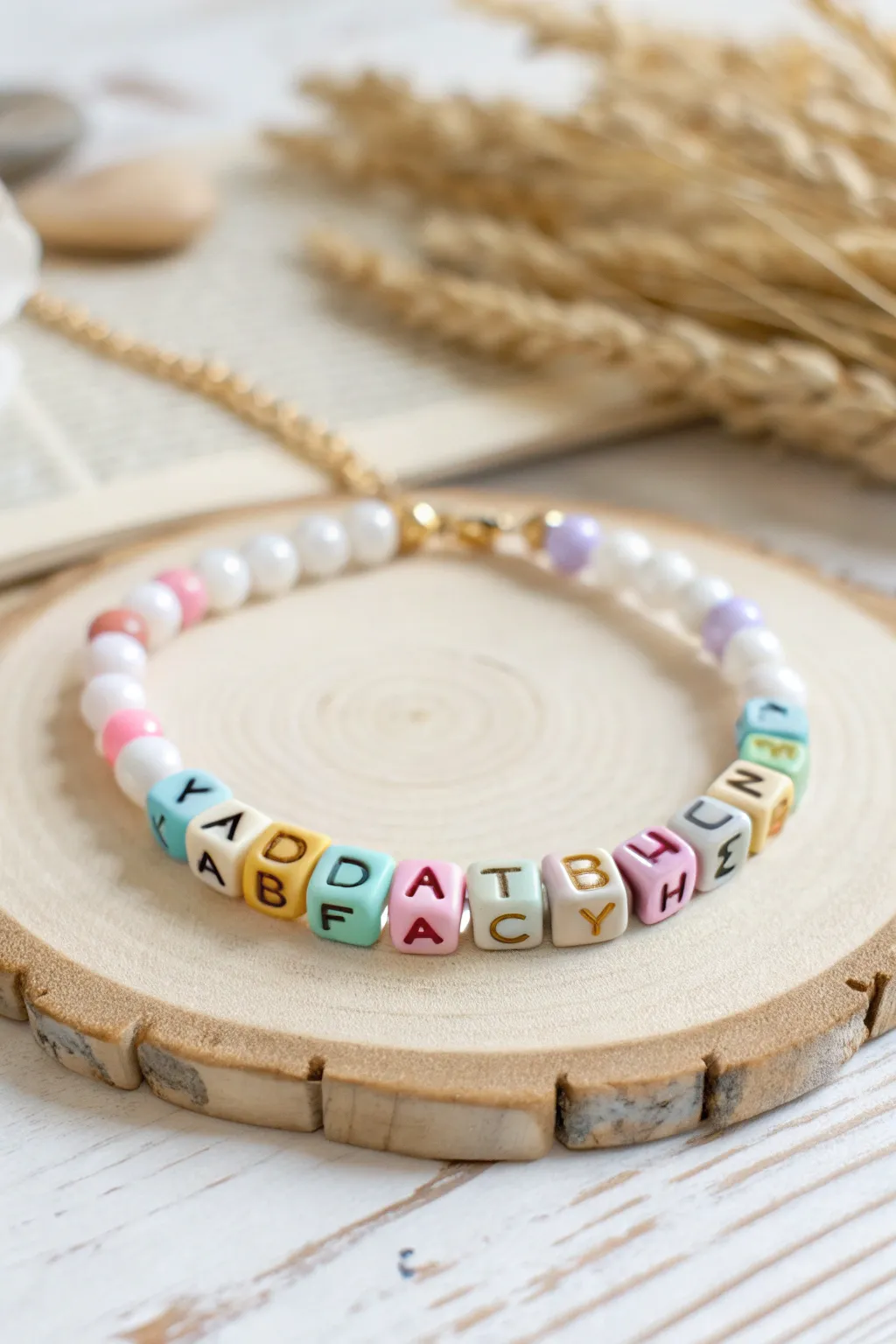 Bright polymer clay letter-bead bracelet idea kids can make, simple, colorful, and cute