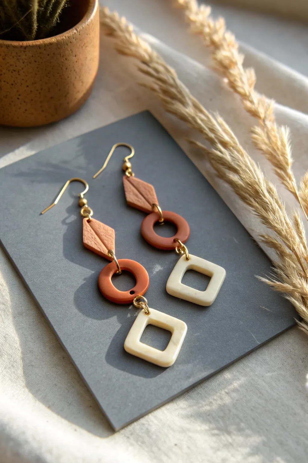 Two-tier geometric polymer clay link earrings in terracotta and ivory, minimalist boho charm.
