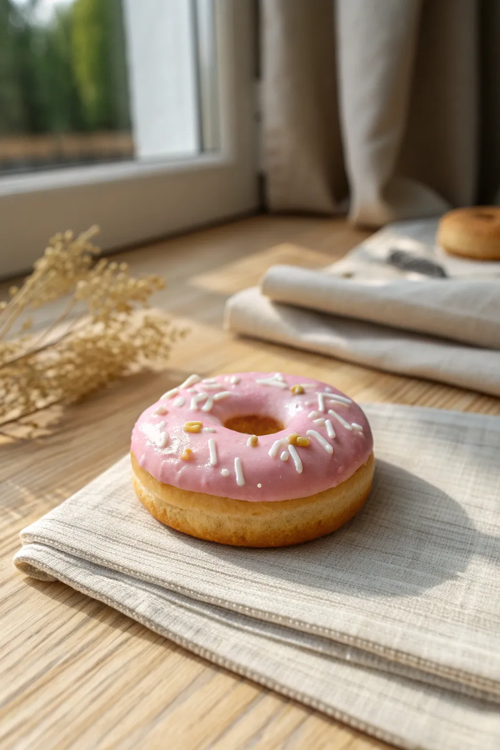 Sweet donut clay magnet with glossy frosting and simple sprinkles in a soft minimalist setting