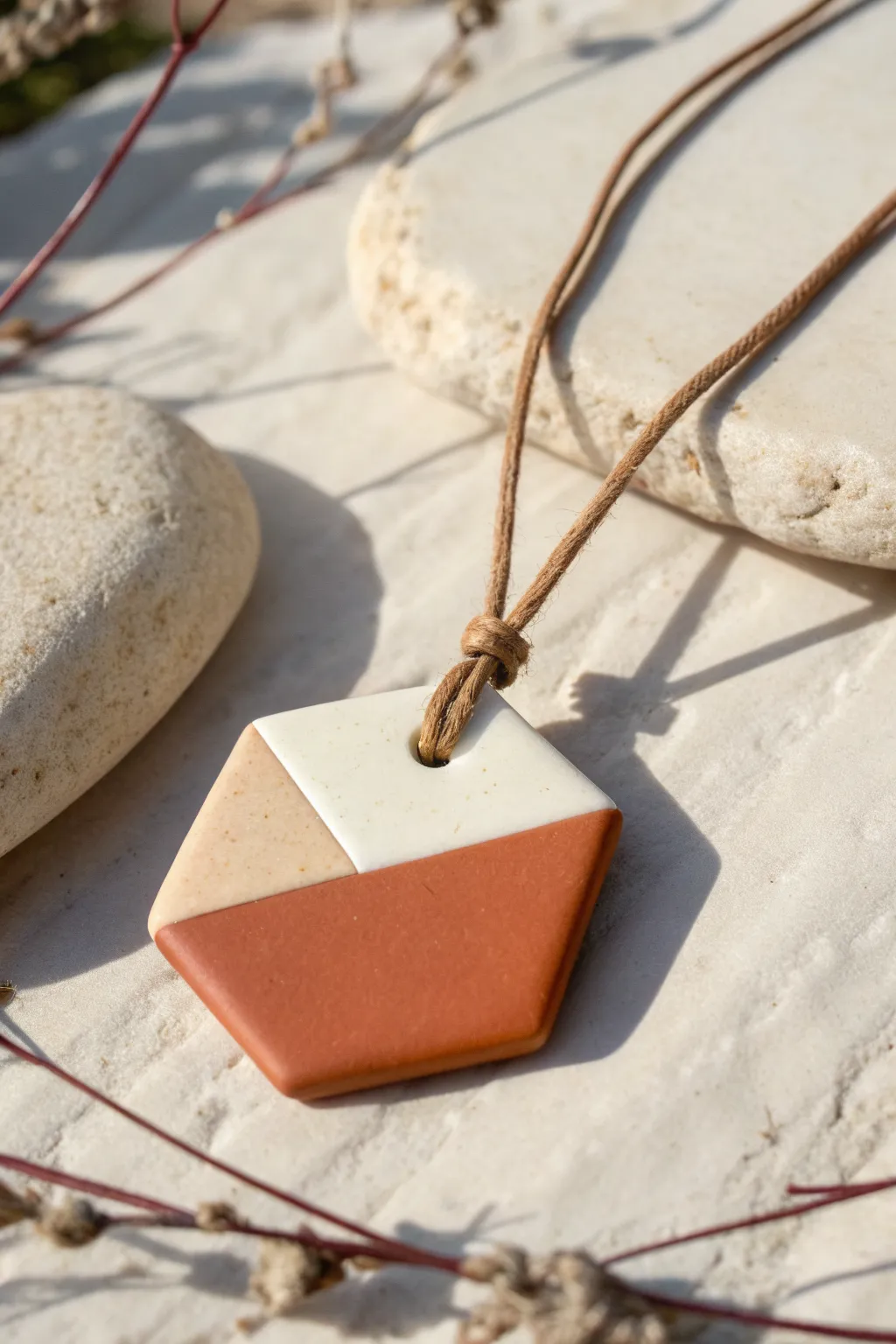 Beginner-friendly minimalist clay pendant necklace in matte terracotta and ivory, Scandinavian calm.
