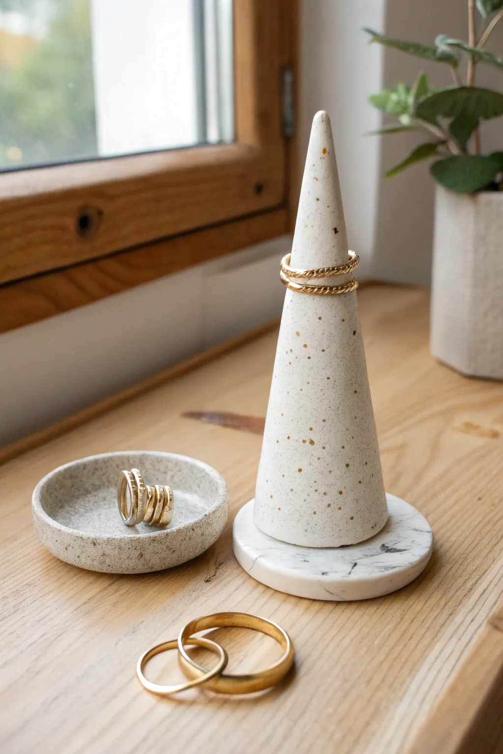 Minimal ring cone organizer in faux-stone clay with a matching dish, clean and boho-soft.