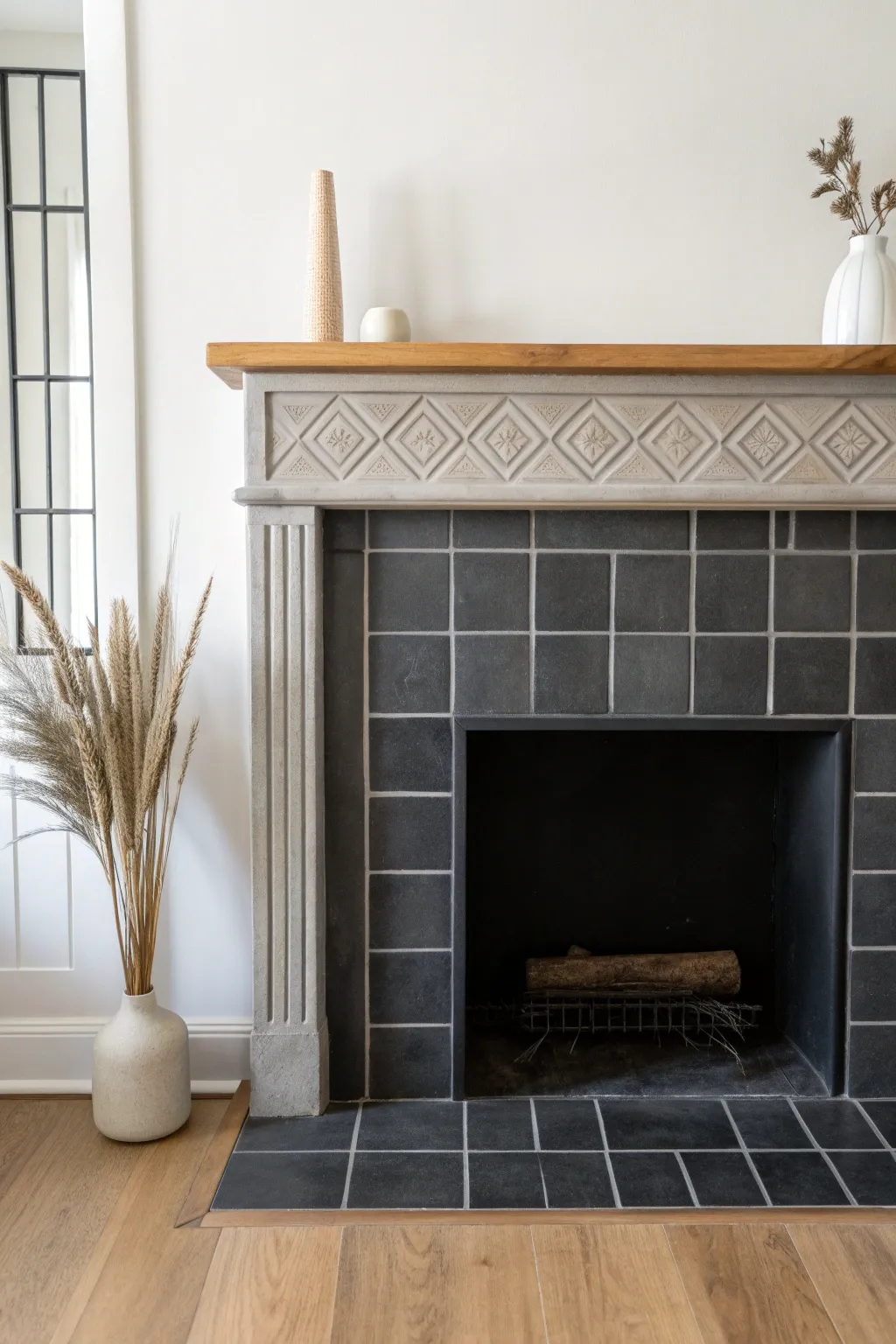 Seamless monochrome fireplace tiles painted grout-free for a sleek Scandinavian look with boho warmth.